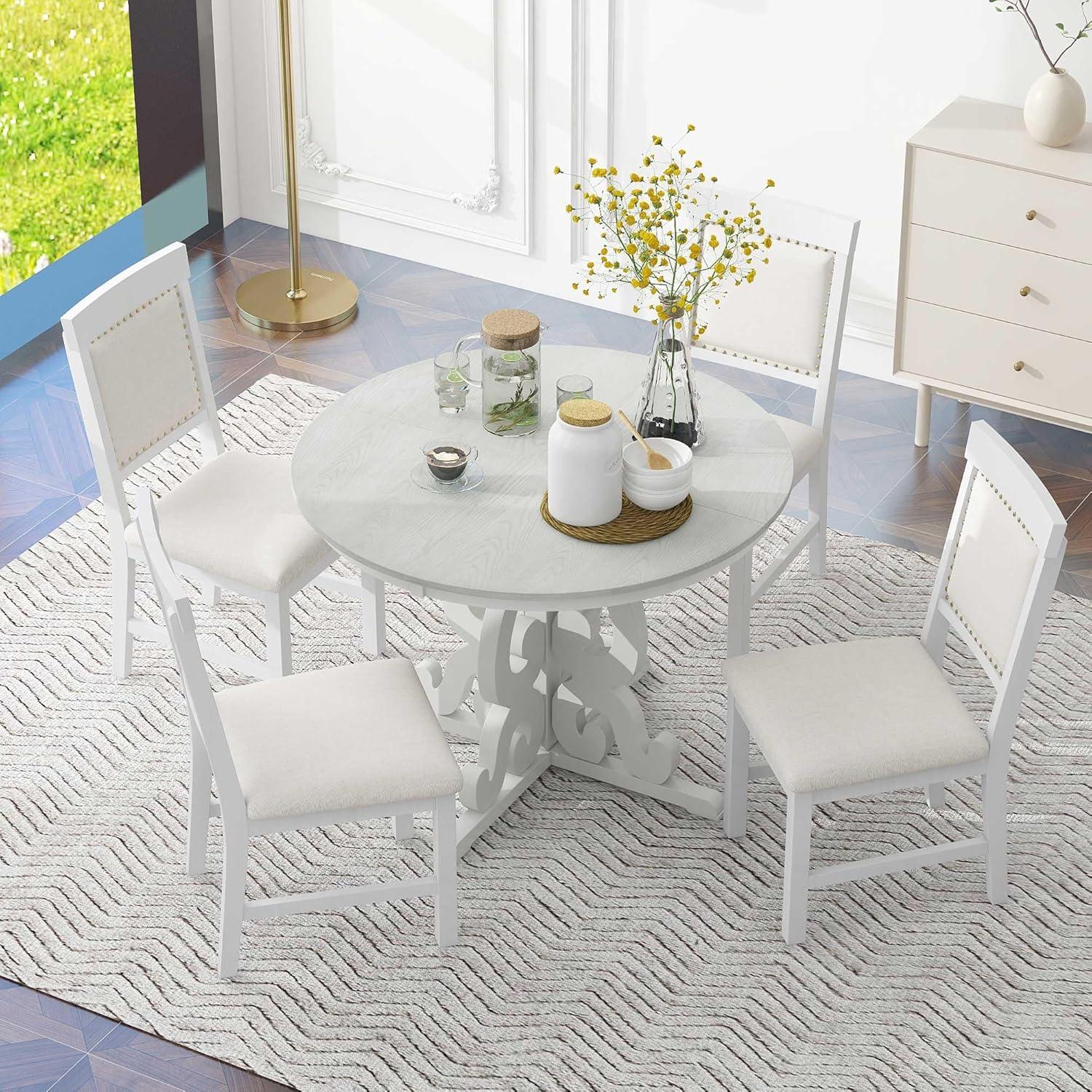 5-Piece Retro Functional Dining Set, 1 Extendable Table with a 16-inch Leaf and 4 Upholstered Chairs for Dining Room and Kitchen (Antique White)