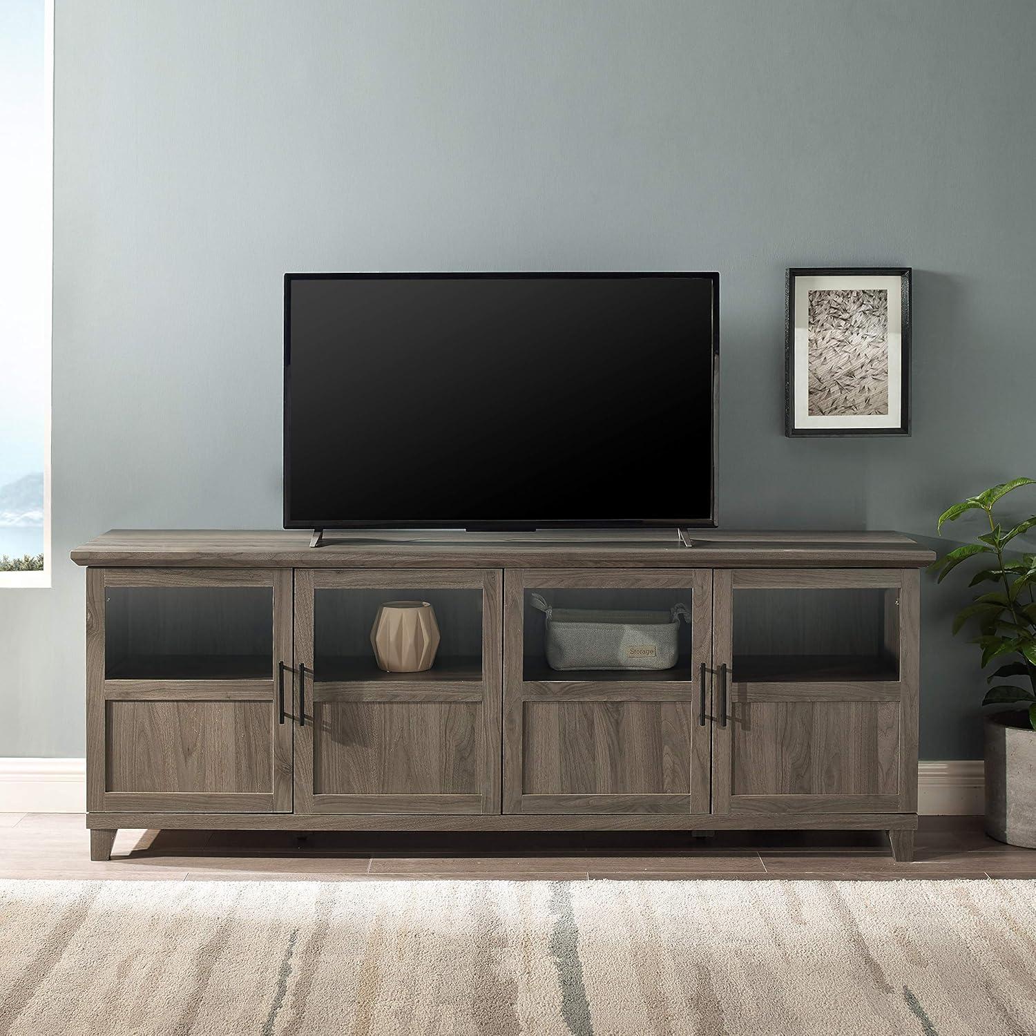 Slate Grey Farmhouse 70" TV Stand with Glass and Engineered Wood