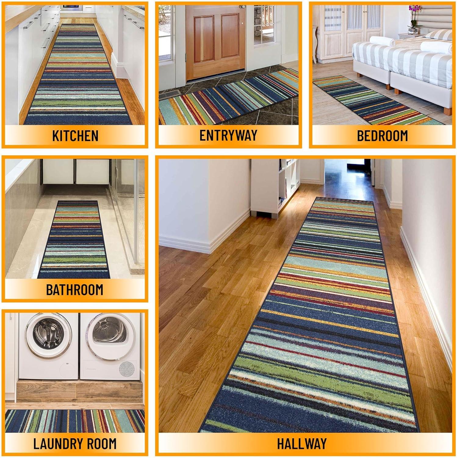 Multicolor Striped Non-Slip Synthetic Runner Rug, 2'7" x 9'10"