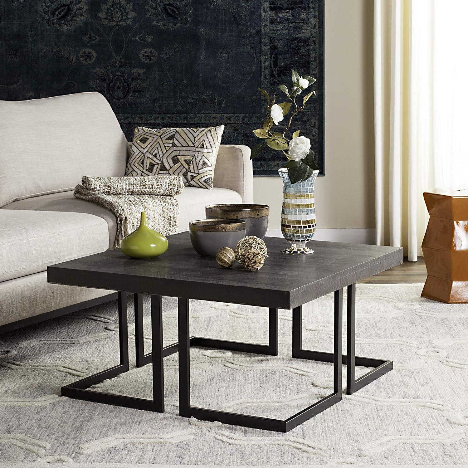 Transitional Square Wood and Metal Coffee Table in Brown/Gray