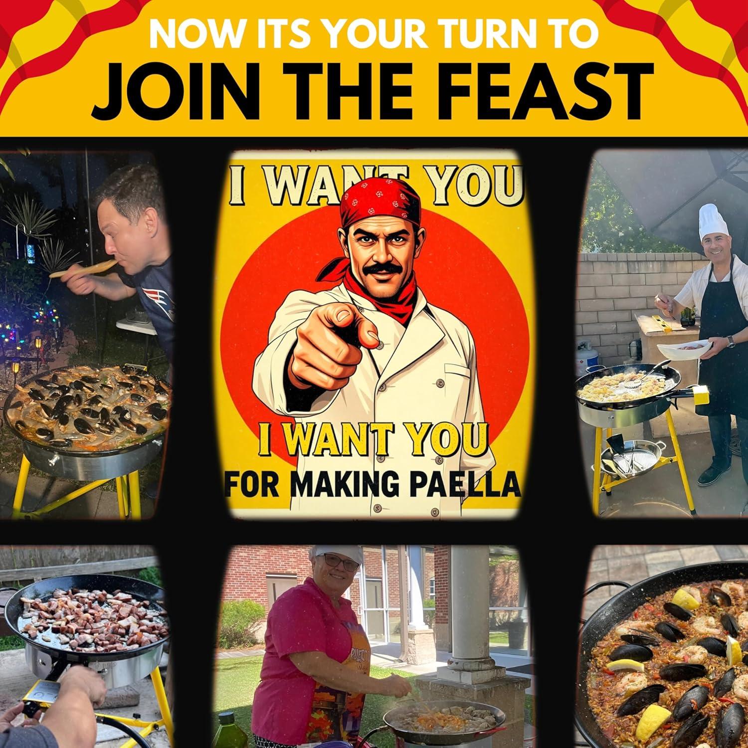 Paelluxe Paella Burner and Stand Set 20 Servings, 24 Inch Paella Pan, Dual Propane Outdoor Stove with Stand & Regulator, Portable Gas Cooker for Camping Crawfish Boil Cooking Outdoor, Paellera Propano