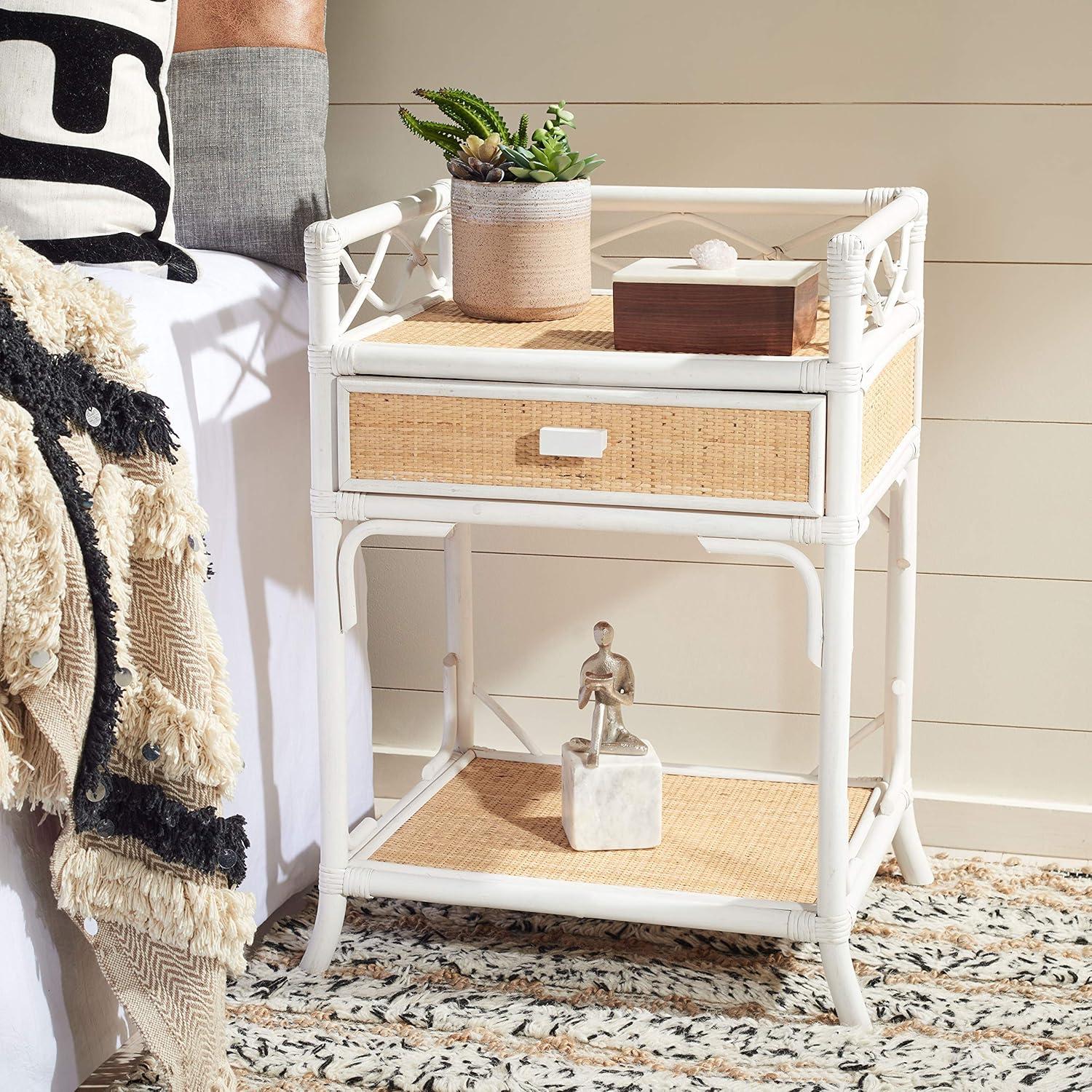 White and Natural Rattan 1-Drawer Nightstand