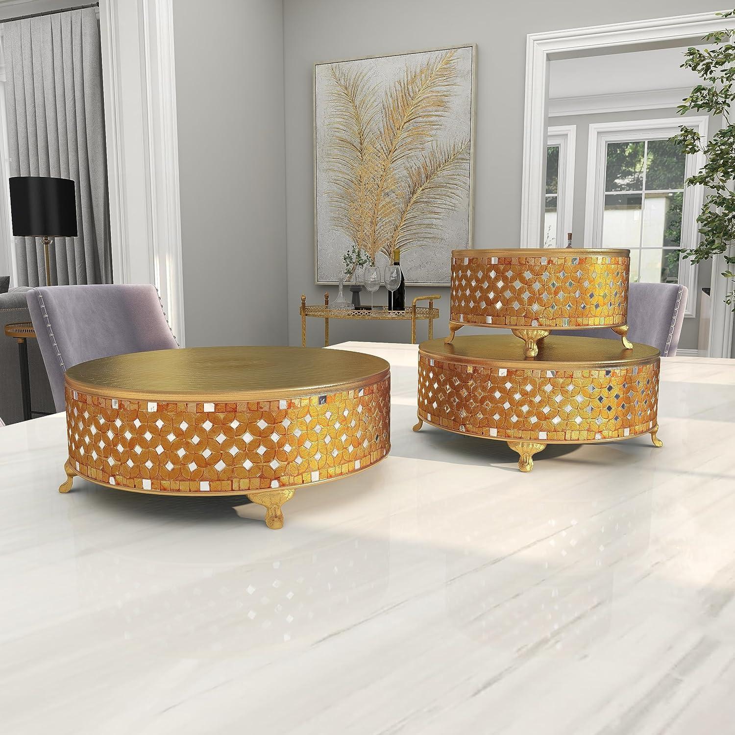 DecMode Metal Gold Glam Mosaic Patterned Decorative Cake Stand, Set of 3 19", 17", 13"W