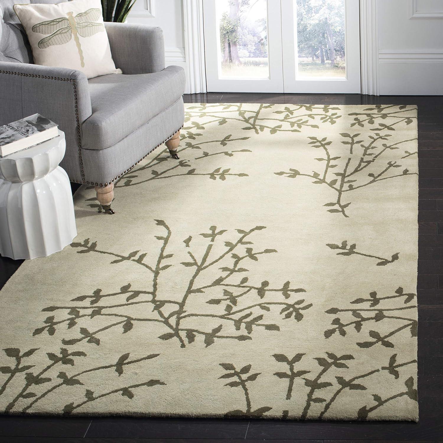 Handmade Green Floral Wool and Viscose Area Rug, 5' x 8'