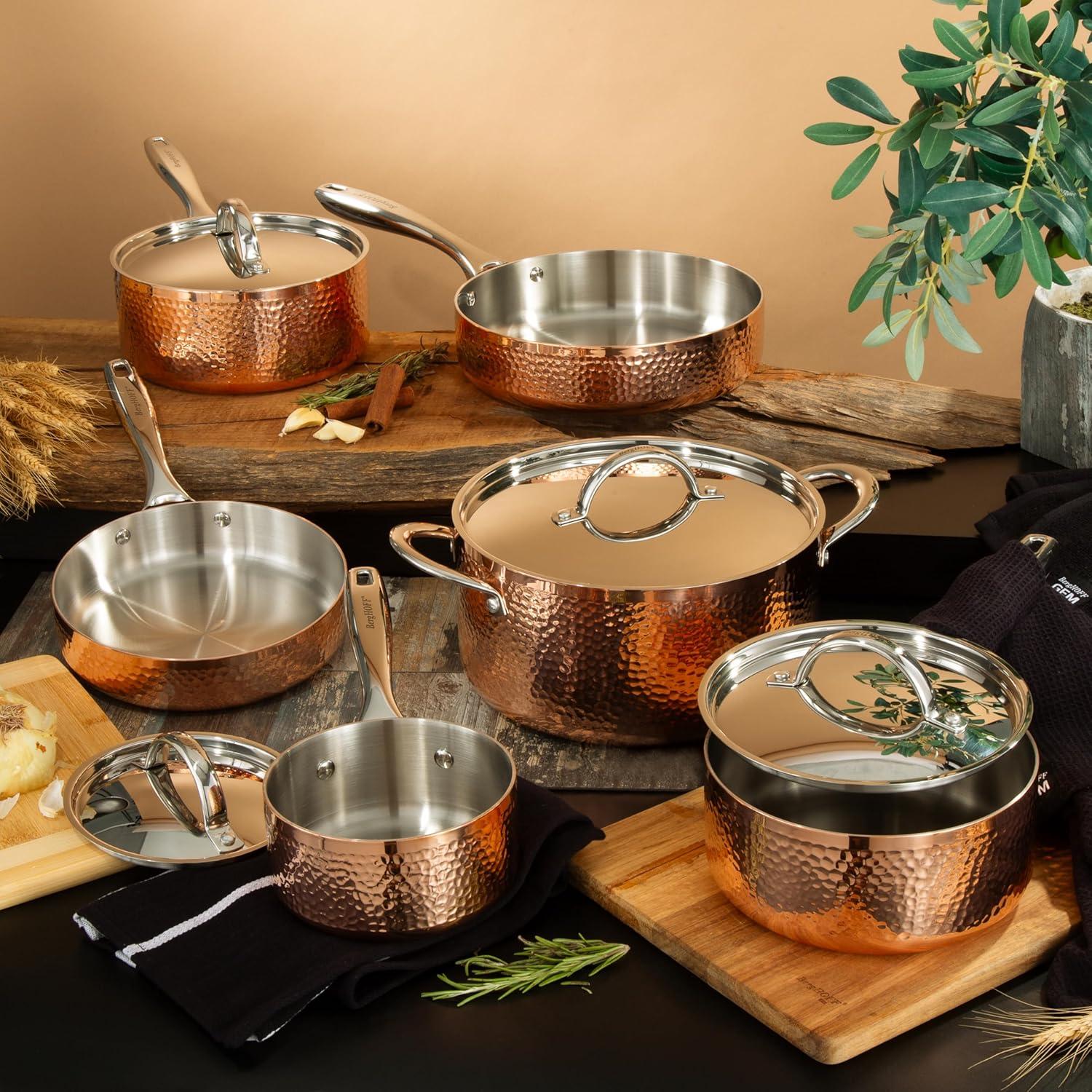 BergHOFF Vintage Tri-Ply Copper Stainless Steel Cookware Set With Stainless Steel Lids, Gold