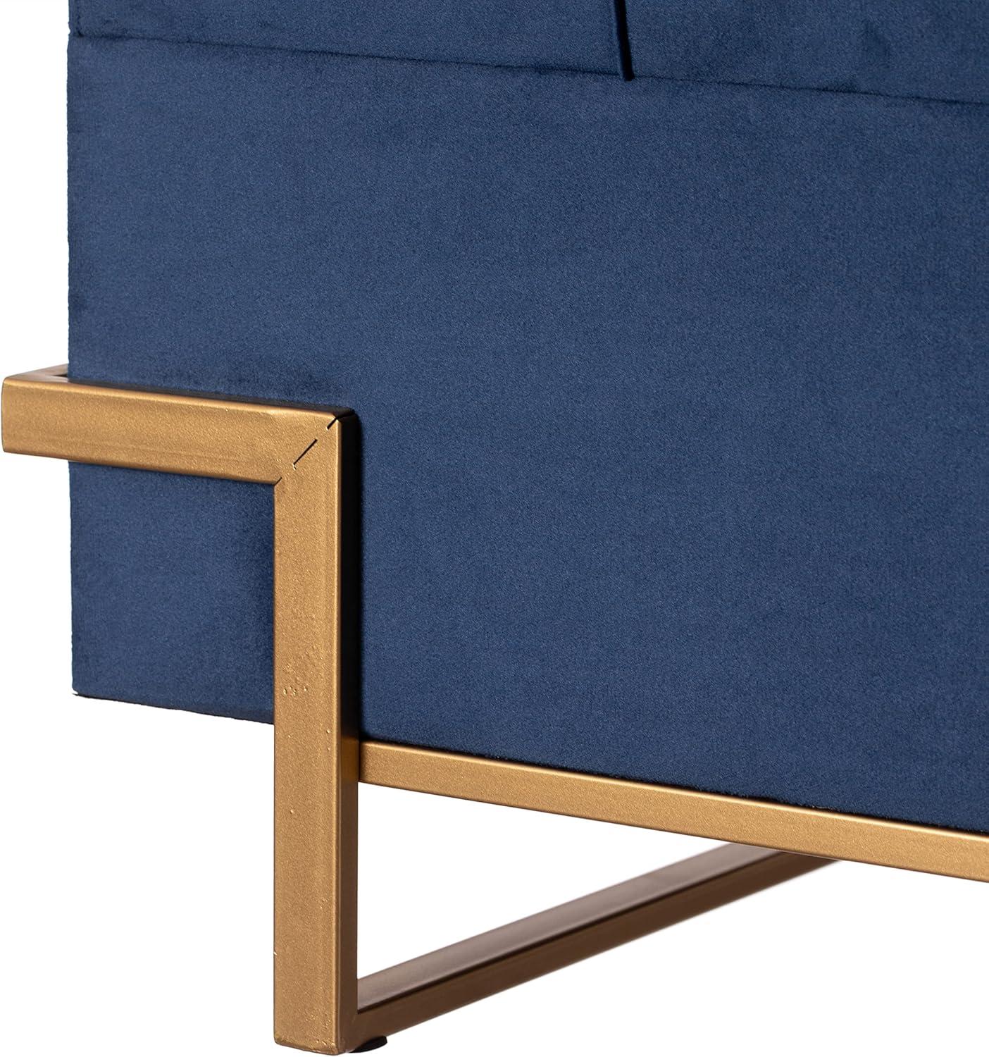 Blue Velvet Rectangular Ottoman with Golden Abstract Legs and Storage