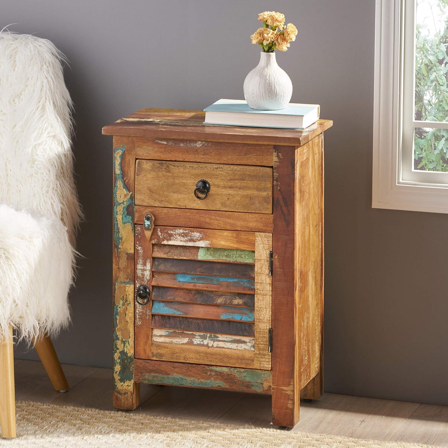 GDF Studio Salome Wooden Side Table with Drawer, Distressed Paint