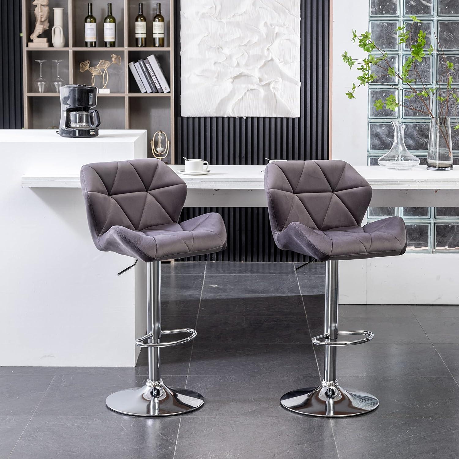 Roundhill Furniture Breni Velvet Diamond Tufted Swivel Adjustable Height Barstool, Gray, Set of 2