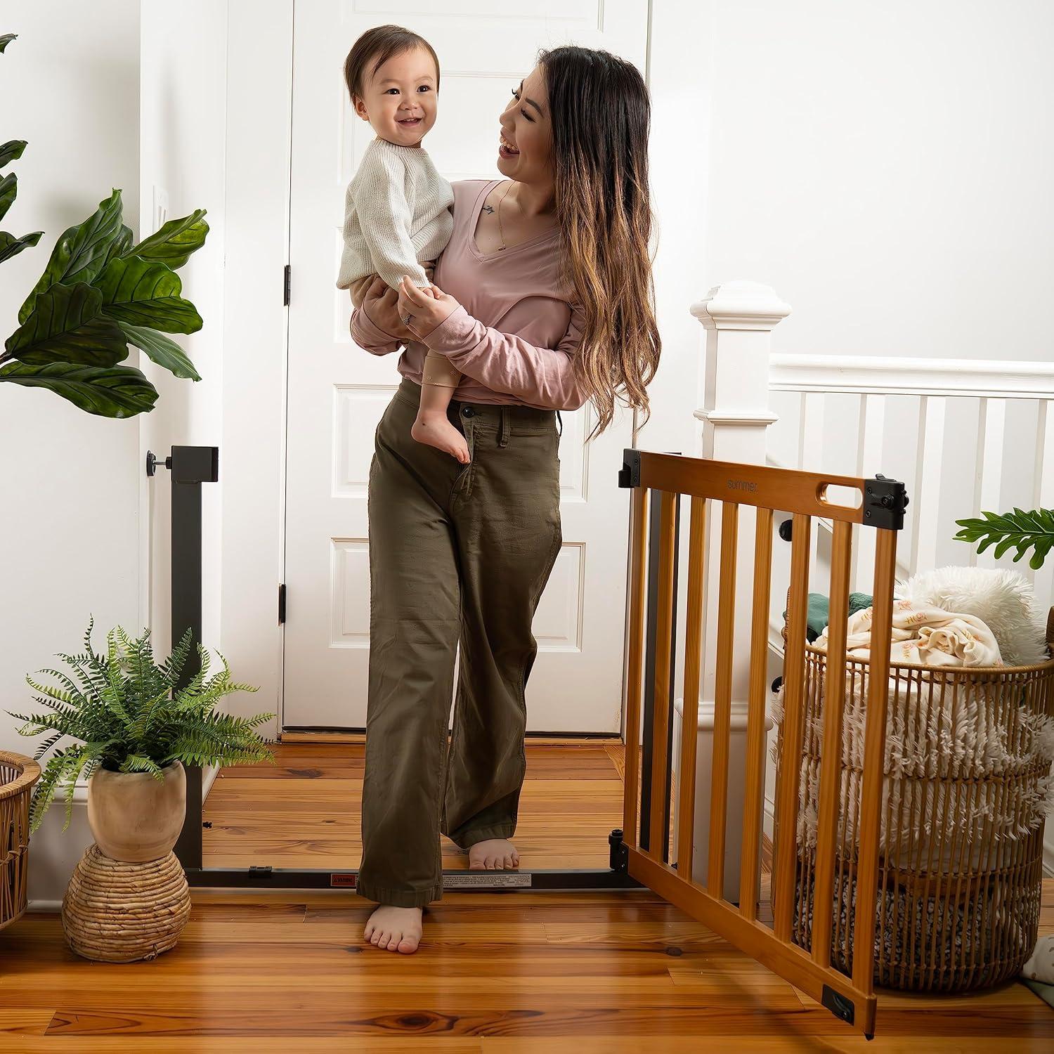 Extra Wide Honey Oak and Metal Safety Gate with Auto-Close