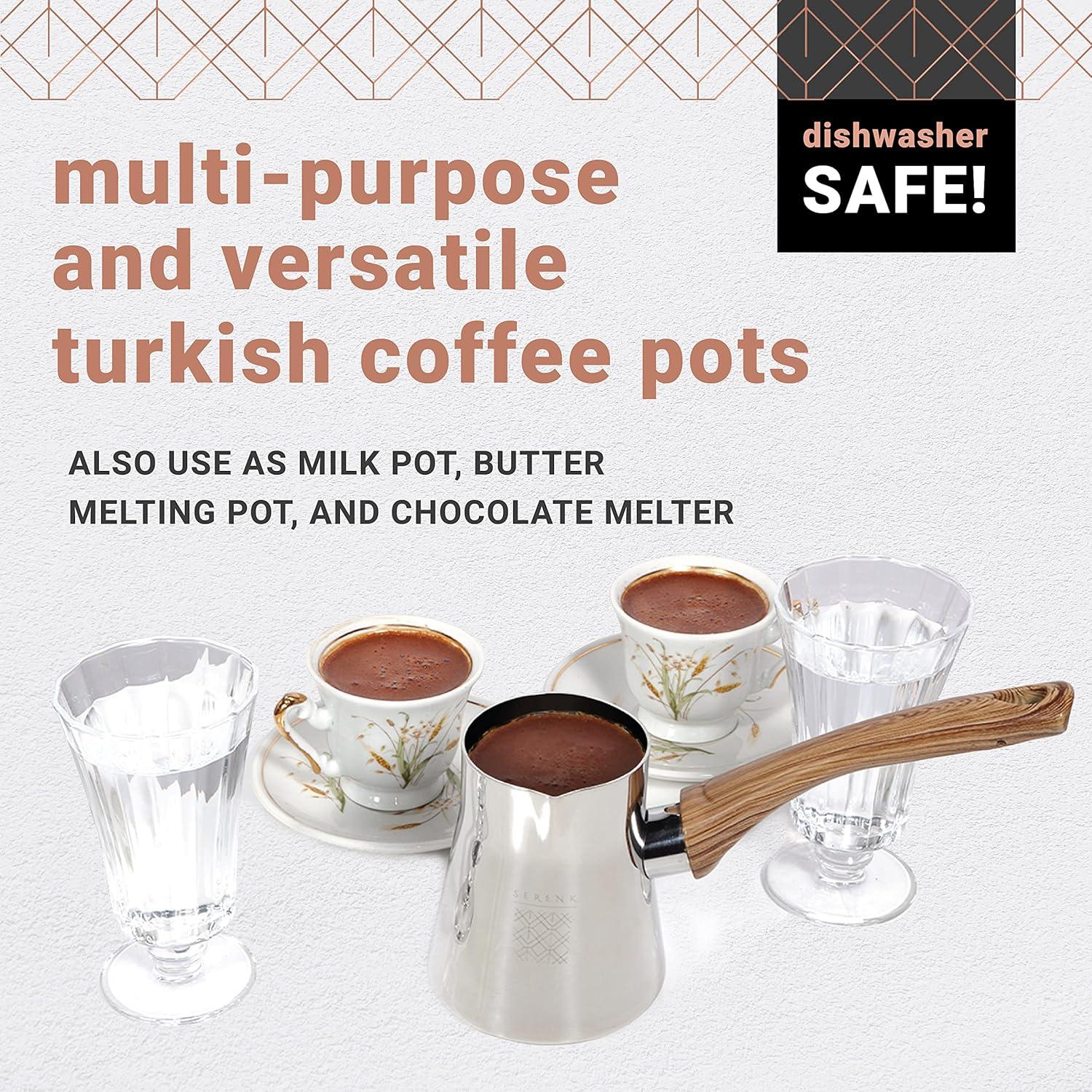 Serenk Turkish Coffee Pot Set, 4-Piece Stainless Steel w/Stand, 2-4 Cup Sizes, 18/10 Steel, Gas Stove Compatible