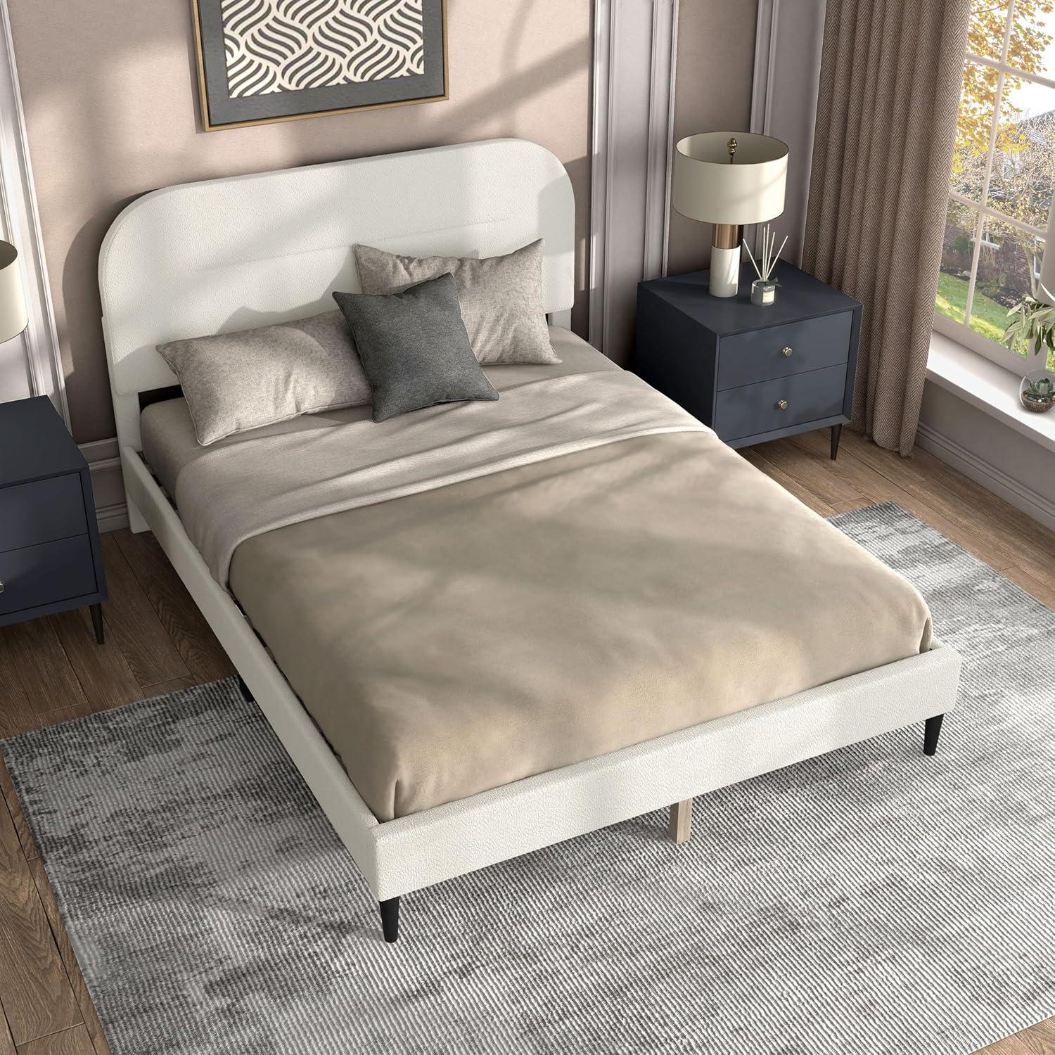 24/7 Shop At Home Queen Heartwild Modern Boucle Upholstered Rounded Platform Bed White: Padded Headboard, No Box Spring Required