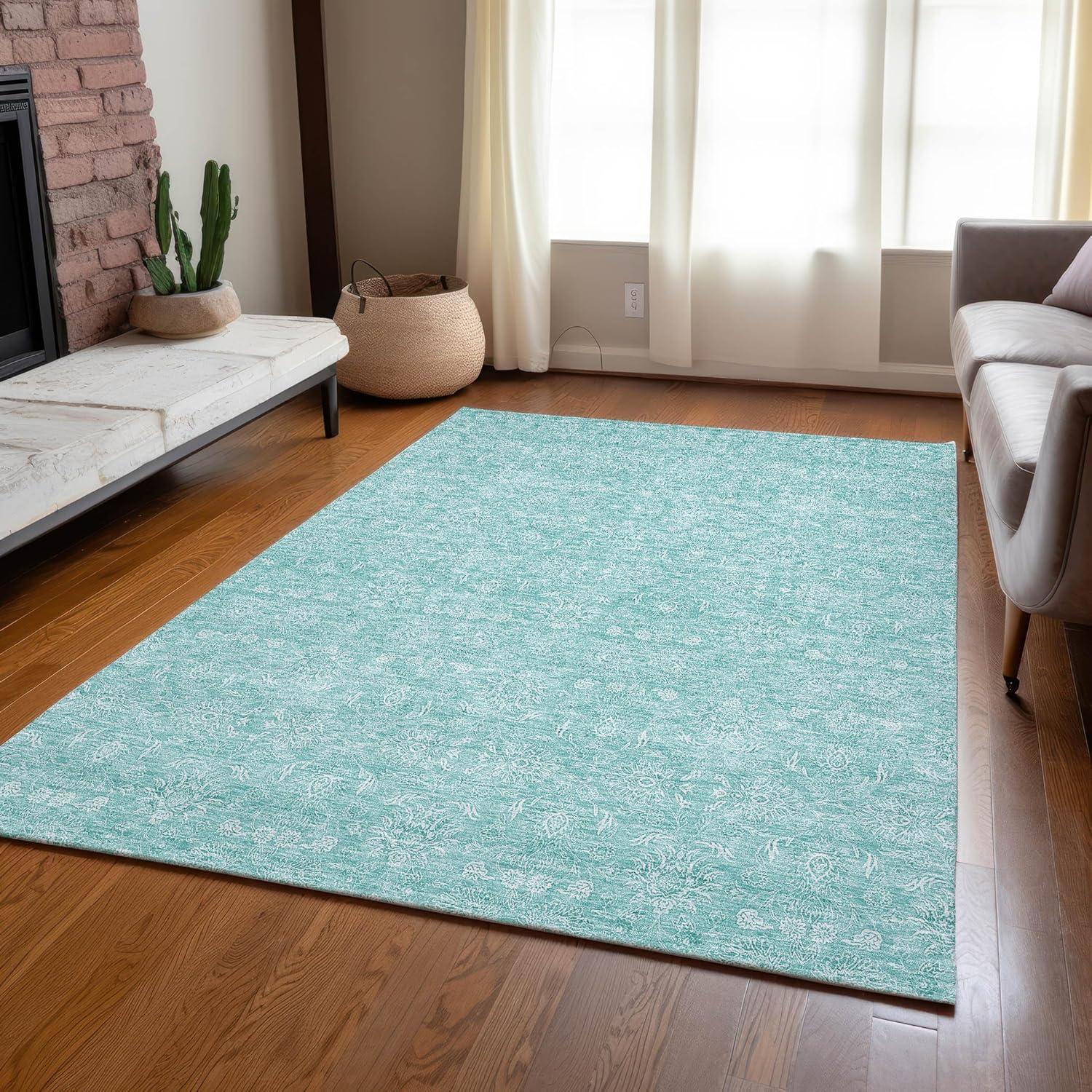 Aqua Floral Synthetic 8' x 10' Washable Area Rug