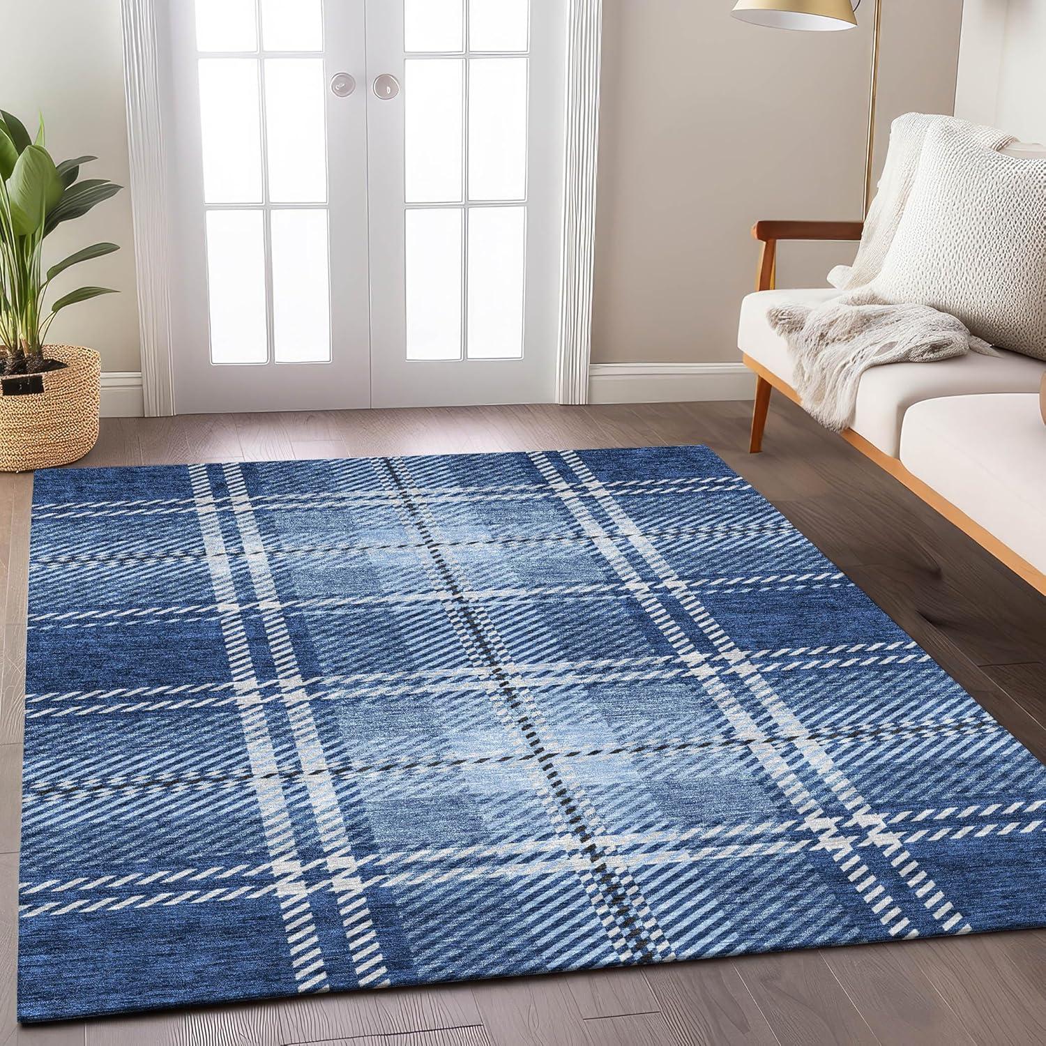 Navy and Light Blue Plaid Synthetic 8' x 10' Indoor/Outdoor Rug