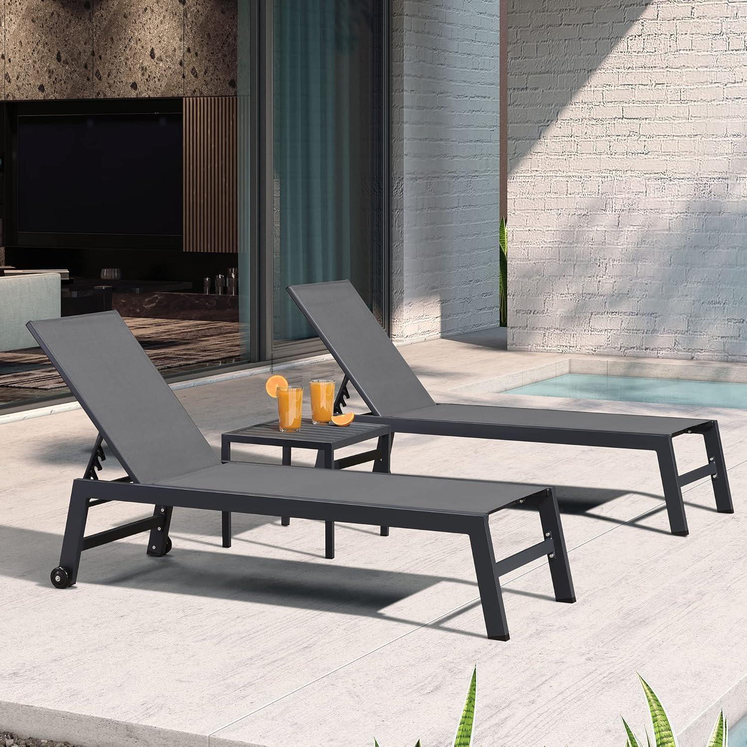 Gray Aluminum Adjustable Patio Chaise Lounge Set with Side Table