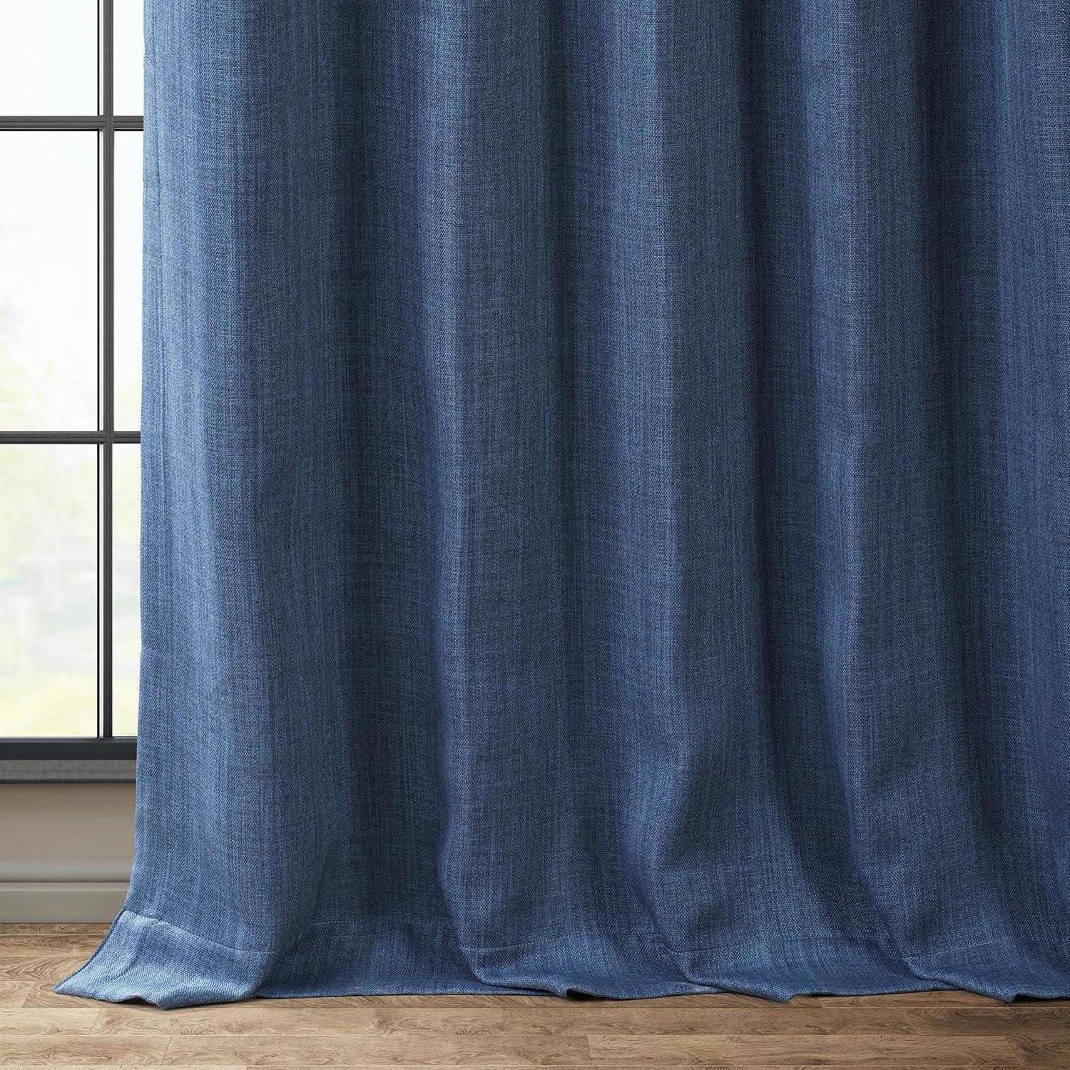 Extra Long Blue Faux Linen Blackout Drapes