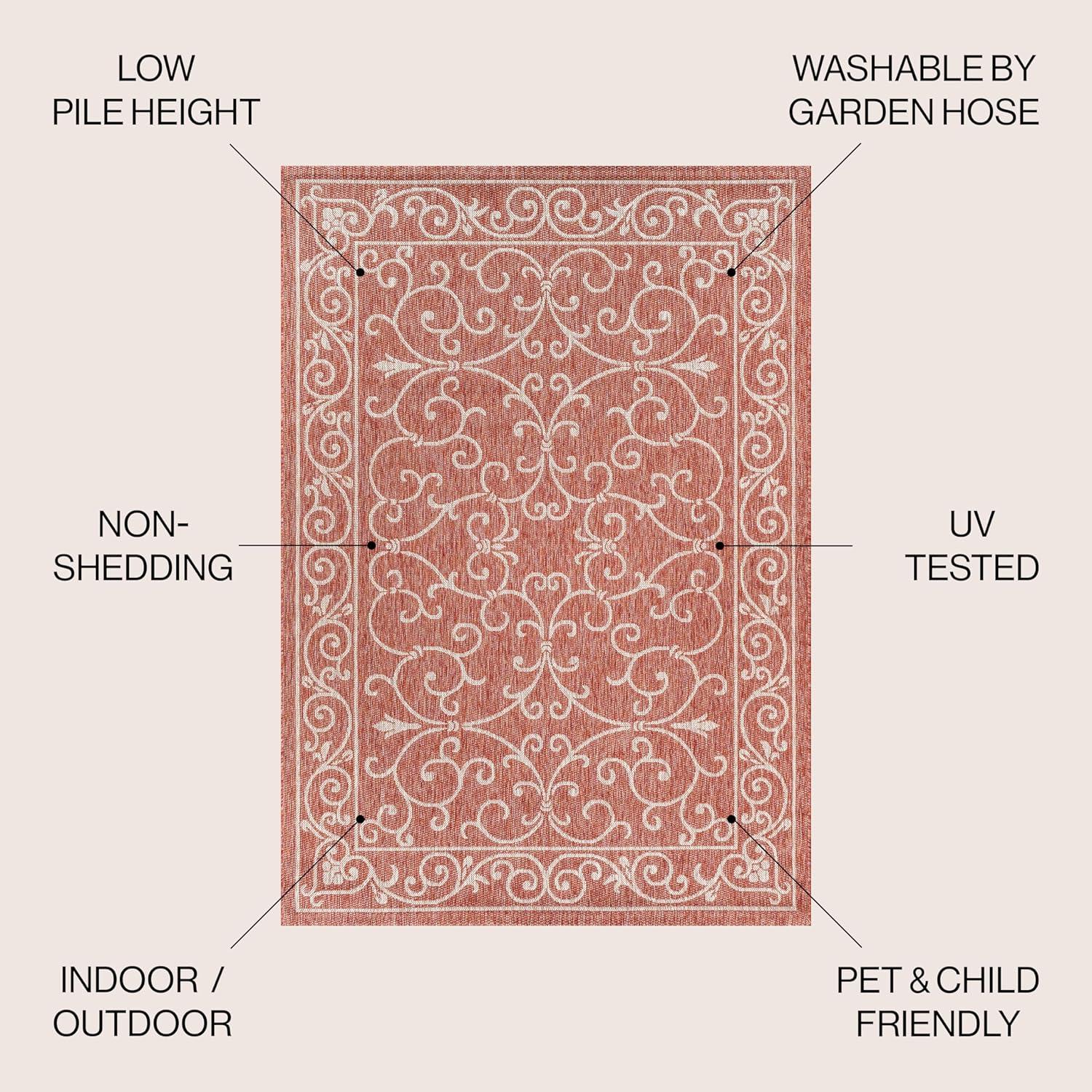 5' Round Charleston Vintage Filigree Textured Weave Indoor/Outdoor Area Rug, Red/Beige - JONATHAN Y