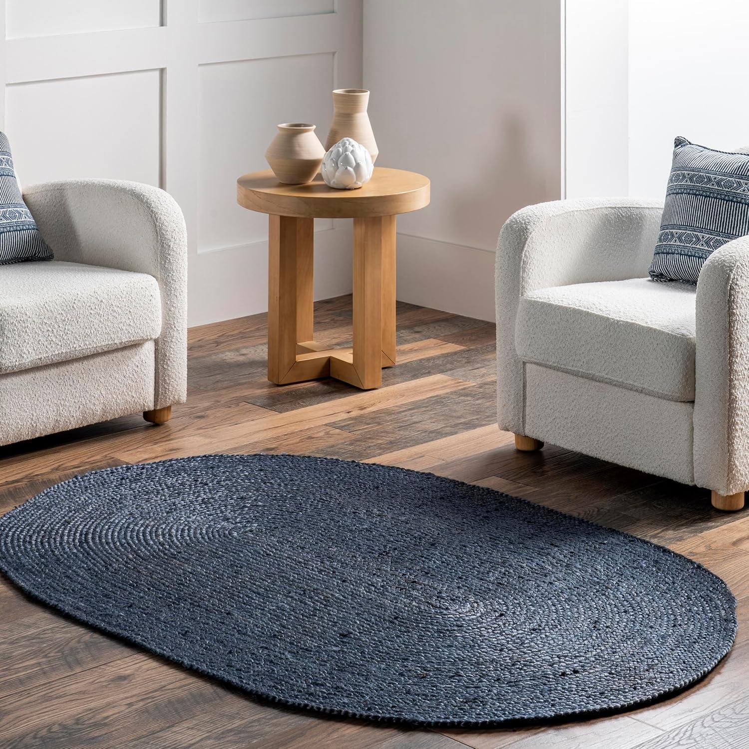 nuLOOM Rigo Hand Woven Farmhouse Jute Area Rug, 4' x 6' Oval, Navy