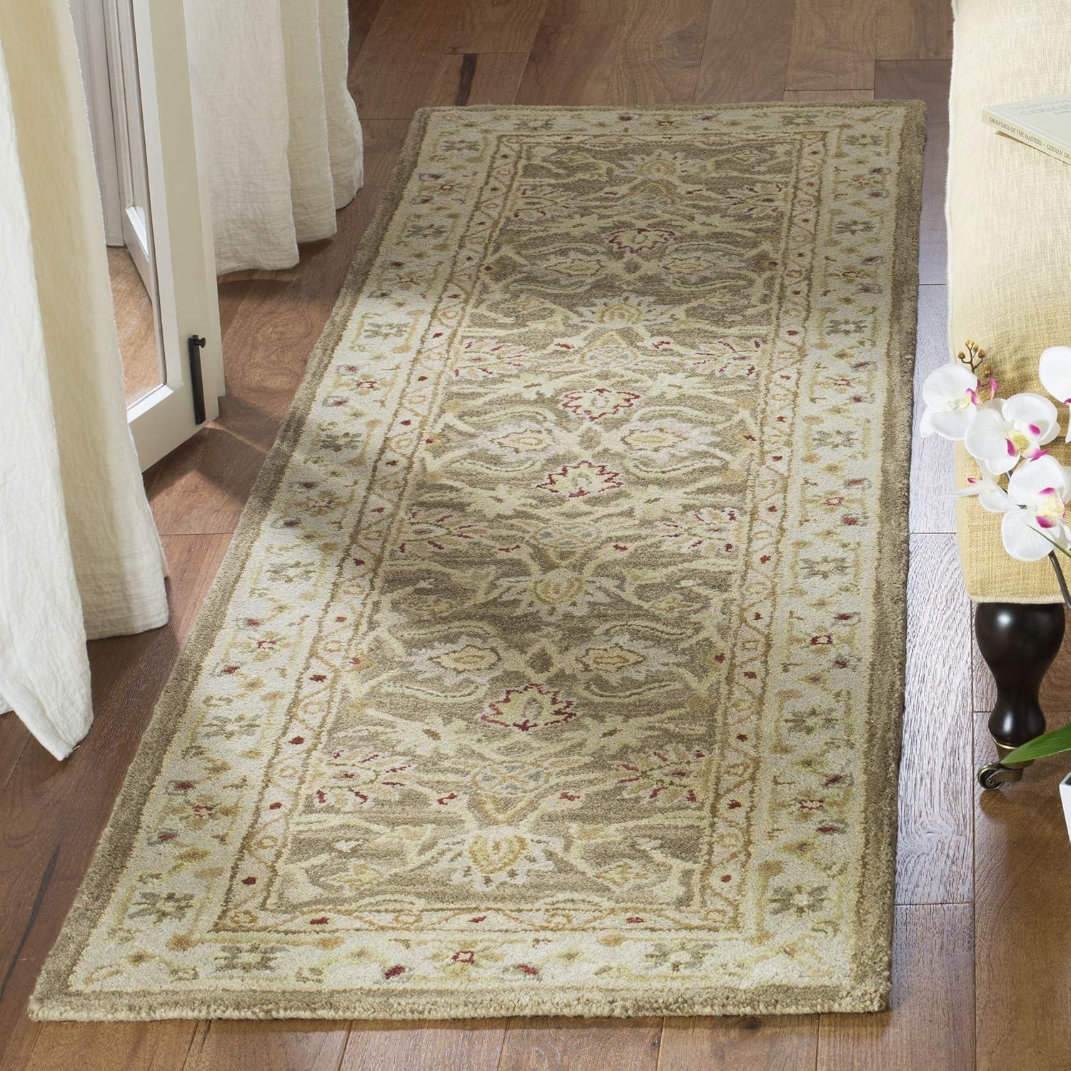 Handmade Tan & Ivory Floral Wool Runner Rug 27"x6"