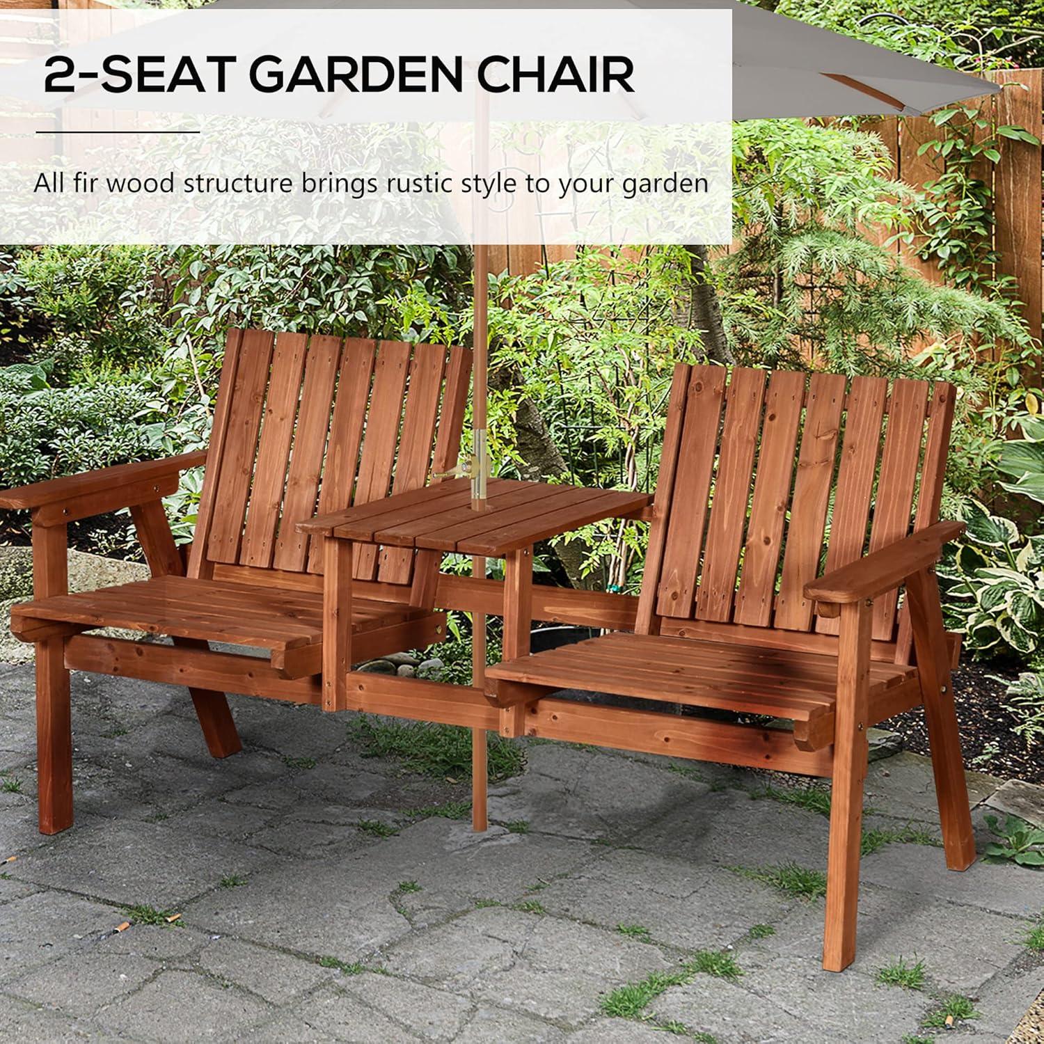Outsunny Patio Bench, Wood Garden Bench with Center Table & Umbrella Hole, Wooden Outdoor 2 Chair Set, Slatted, Varnished, Orange