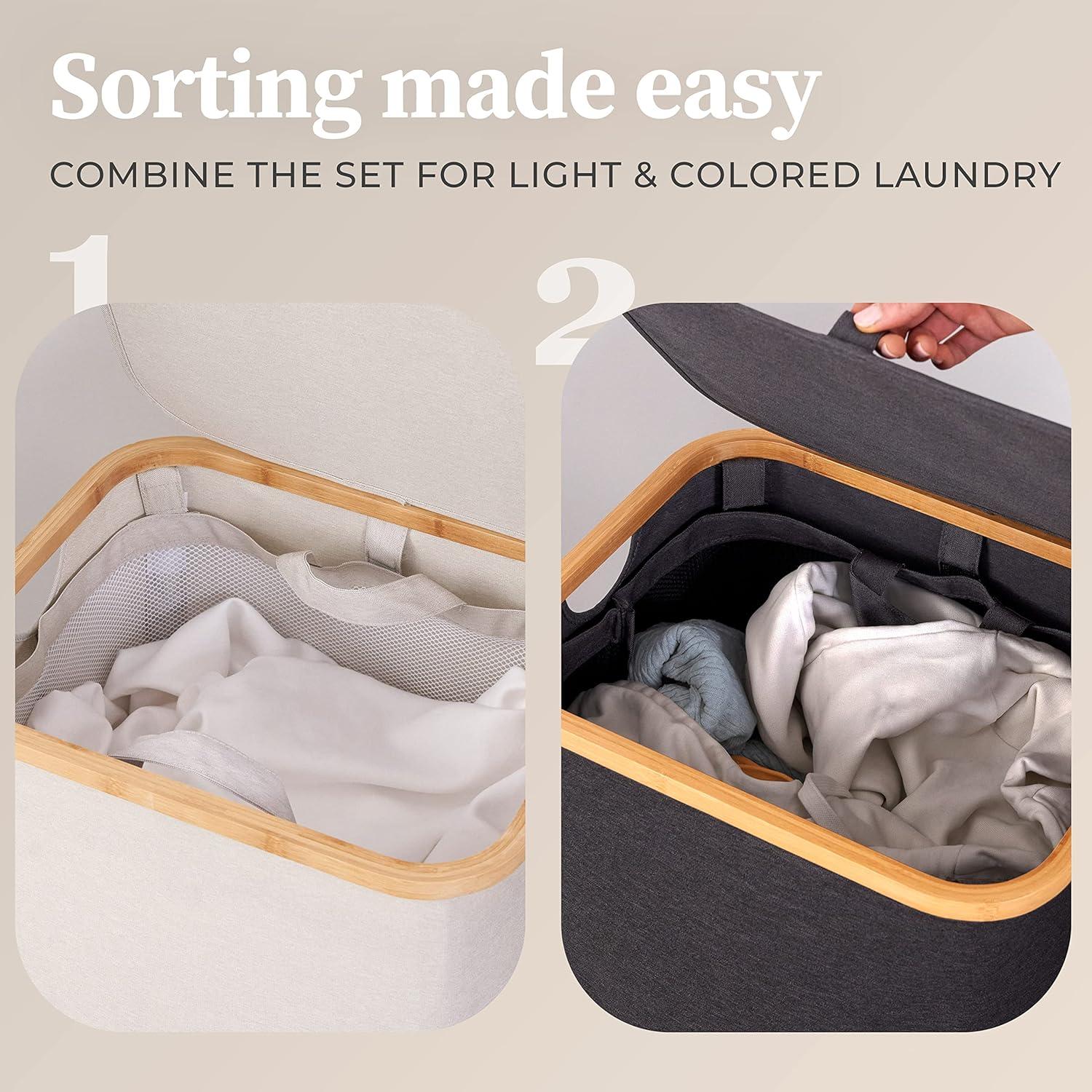 Hennez® Double Laundry Hamper with Lid, 2x Removable Bags, Thic Fabric, Bamboo Hamper 140Liter - 36gal - Light Gray