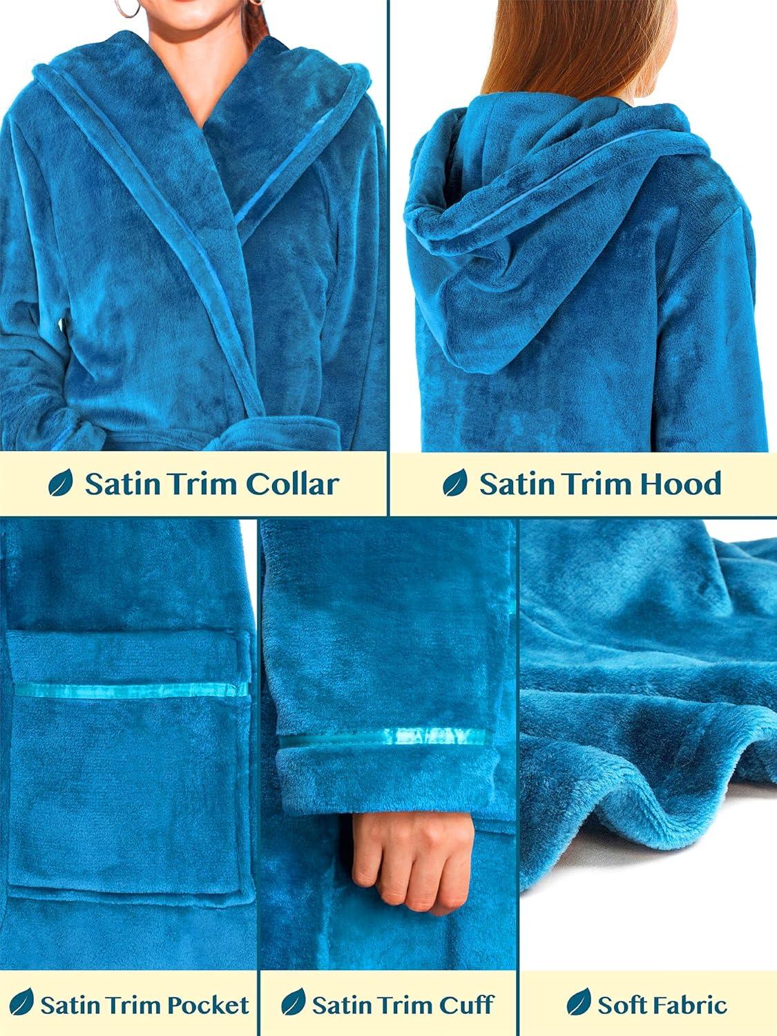 PAVILIA Fleece Robe For Women, Plush Warm Bathrobe, Fluffy Soft Spa Long Lightweight Fuzzy Cozy, Satin Trim (With Hood - Sea Blue, Large-X-Large)
