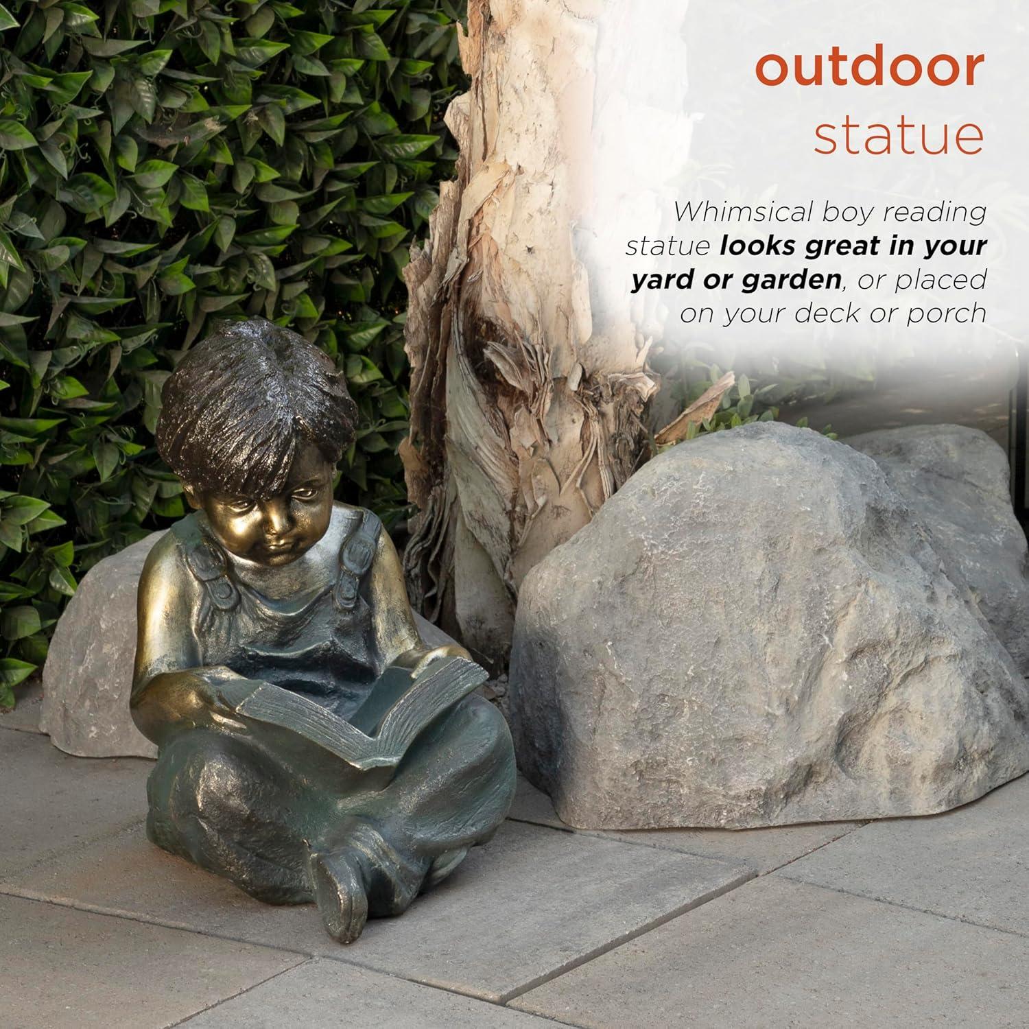 Alpine Corporation 16" Polyresin Girl and Boy with Dog Sitting on Bench Sculpture Bronze: Durable Outdoor Decor, Magnesium Oxide, Rust-Resistant