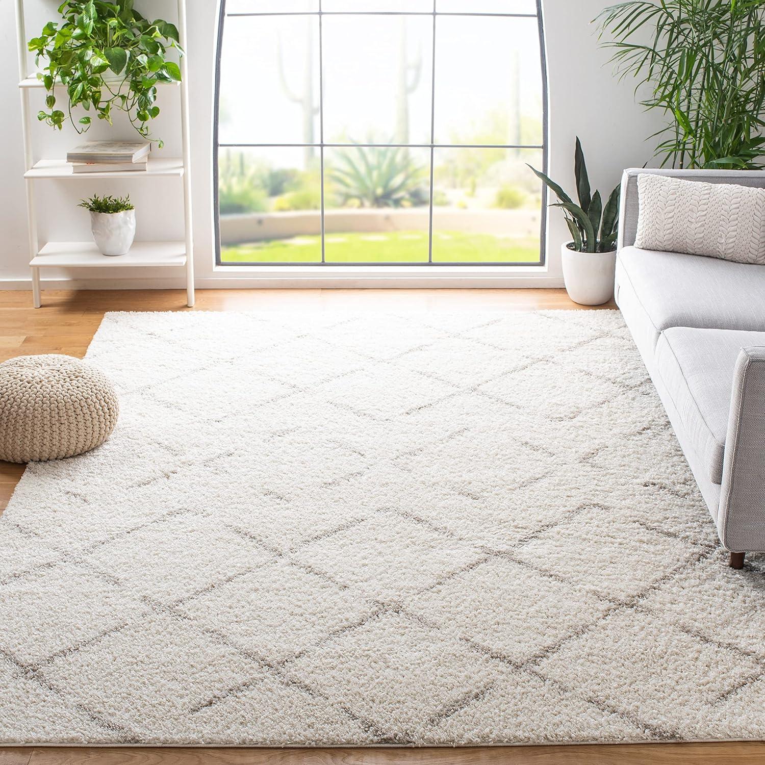 Ivory Rectangular Shag Synthetic Area Rug 6'7" x 9'2"