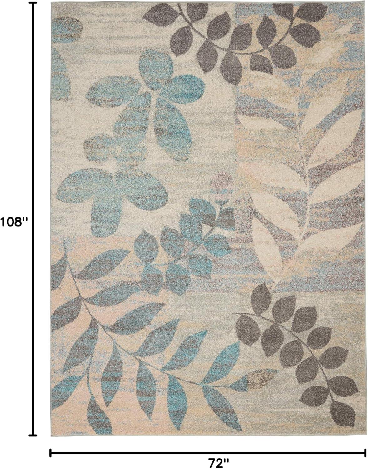 Ivory and Light Blue Floral Synthetic 6' x 9' Area Rug