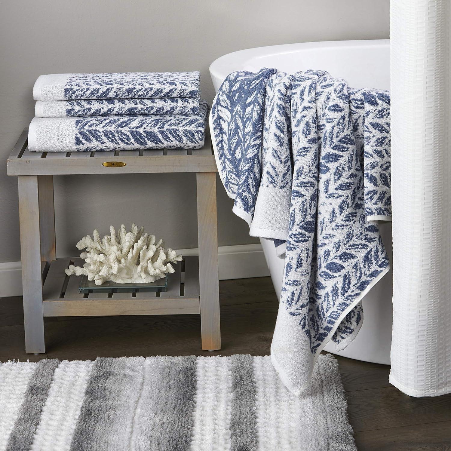 2pc Distressed Leaves Hand Towel Set Blue - SKL Home: Cotton Jacquard, Midweight, Machine Washable