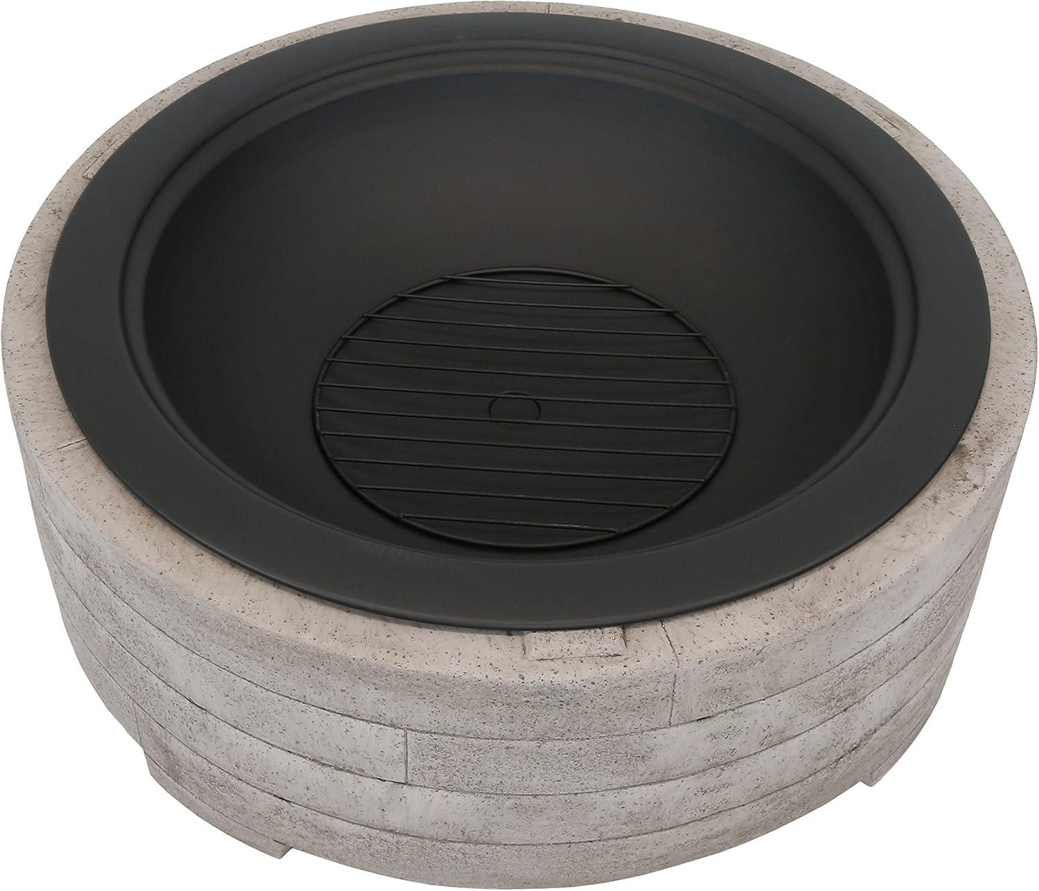 Sunnydaze Outdoor Large Round Faux Stone Fire Pit with Handles, Log Poker, and Spark Screen - 35" - Gray