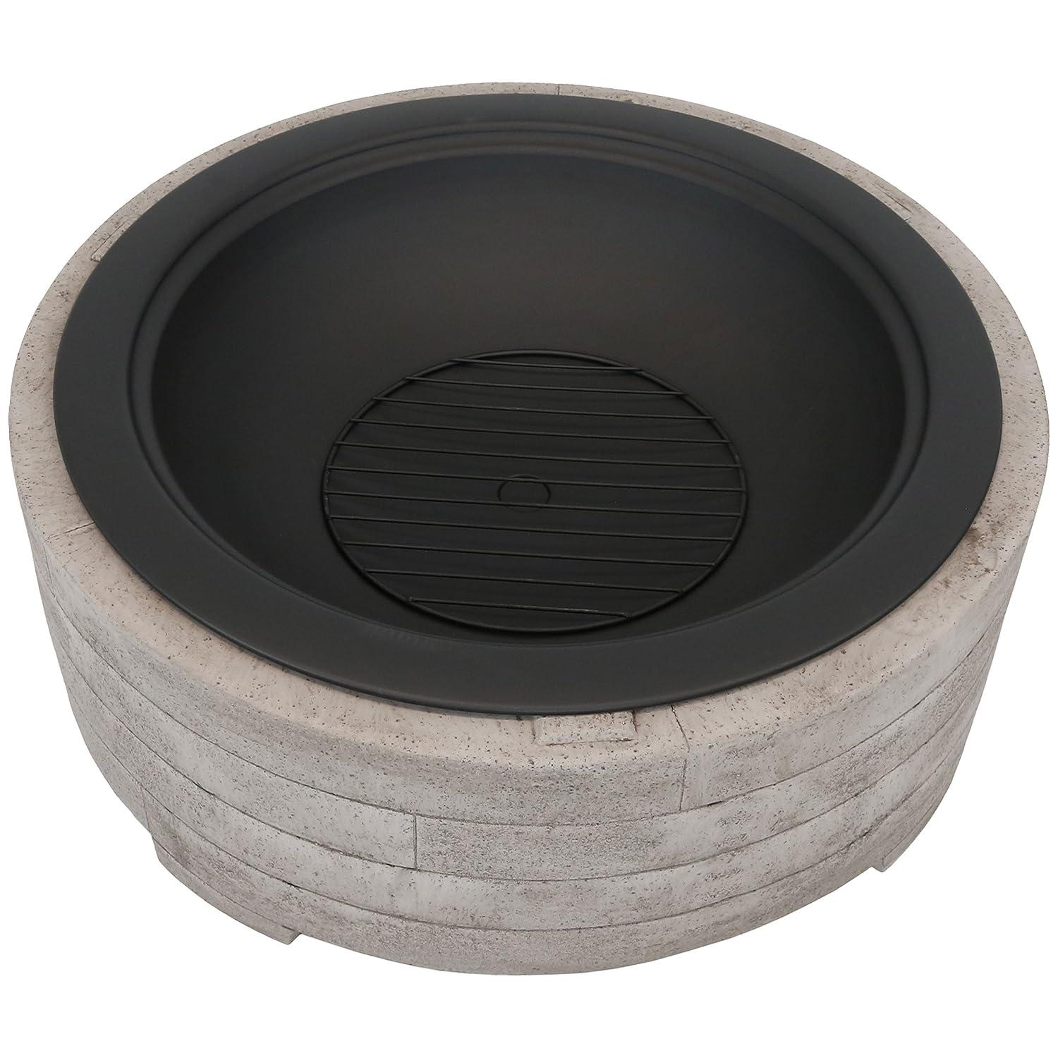 Sunnydaze Outdoor Large Round Faux Stone Fire Pit with Handles, Log Poker, and Spark Screen - 35" - Gray