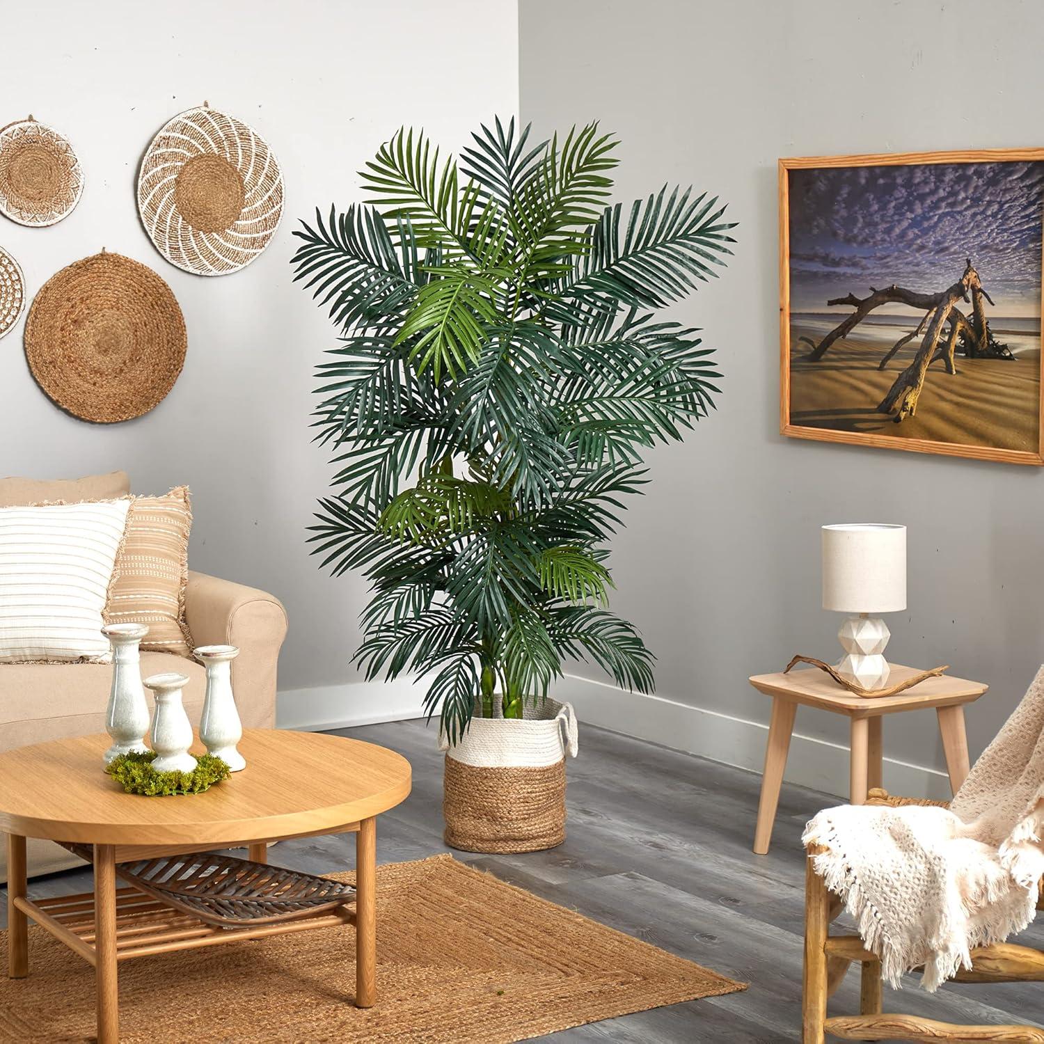 Nearly Natural 6.5-ft Golden Cane Artificial Palm Tree in Handmade Natural Jute and Cotton Planter