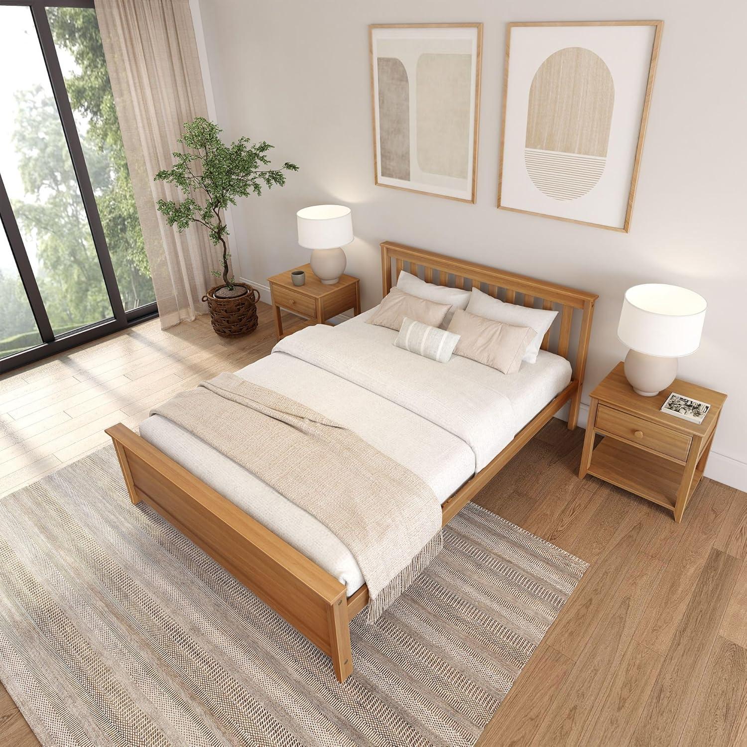 Plank+Beam Queen Bed Frame with Slatted Headboard Solid Wood Platform Bed, No box Spring Needed, Pecan
