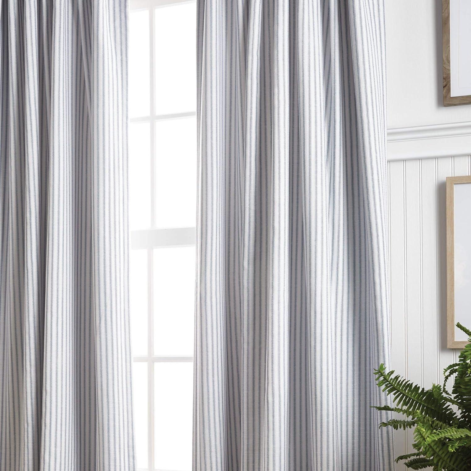 Indigo and Gray Extended Stripe Blackout Cotton Drapes, Set of 2