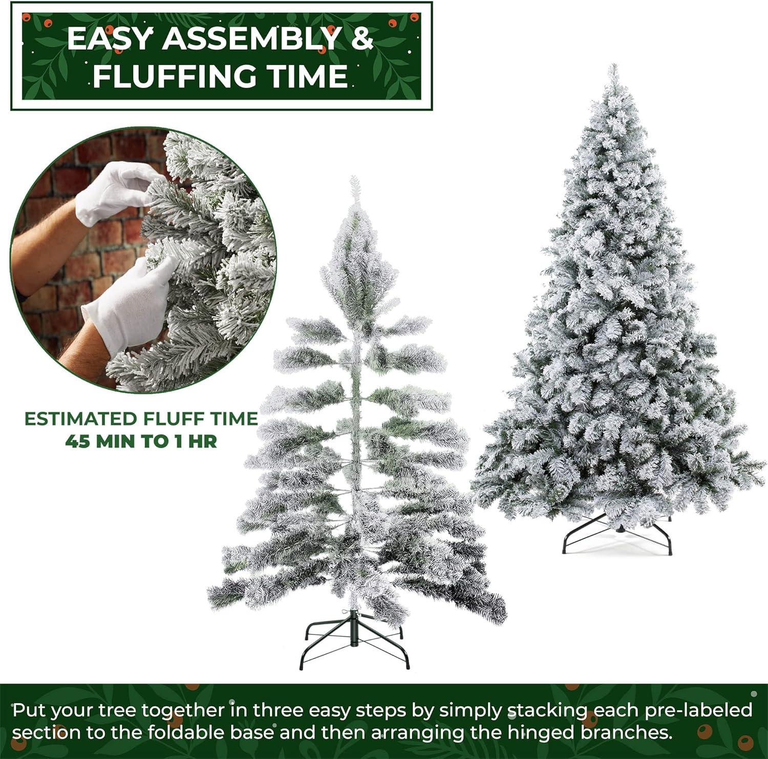 Casafield Realistic Snow-Flocked Pine Artificial Holiday Christmas Tree with Sturdy Metal Stand