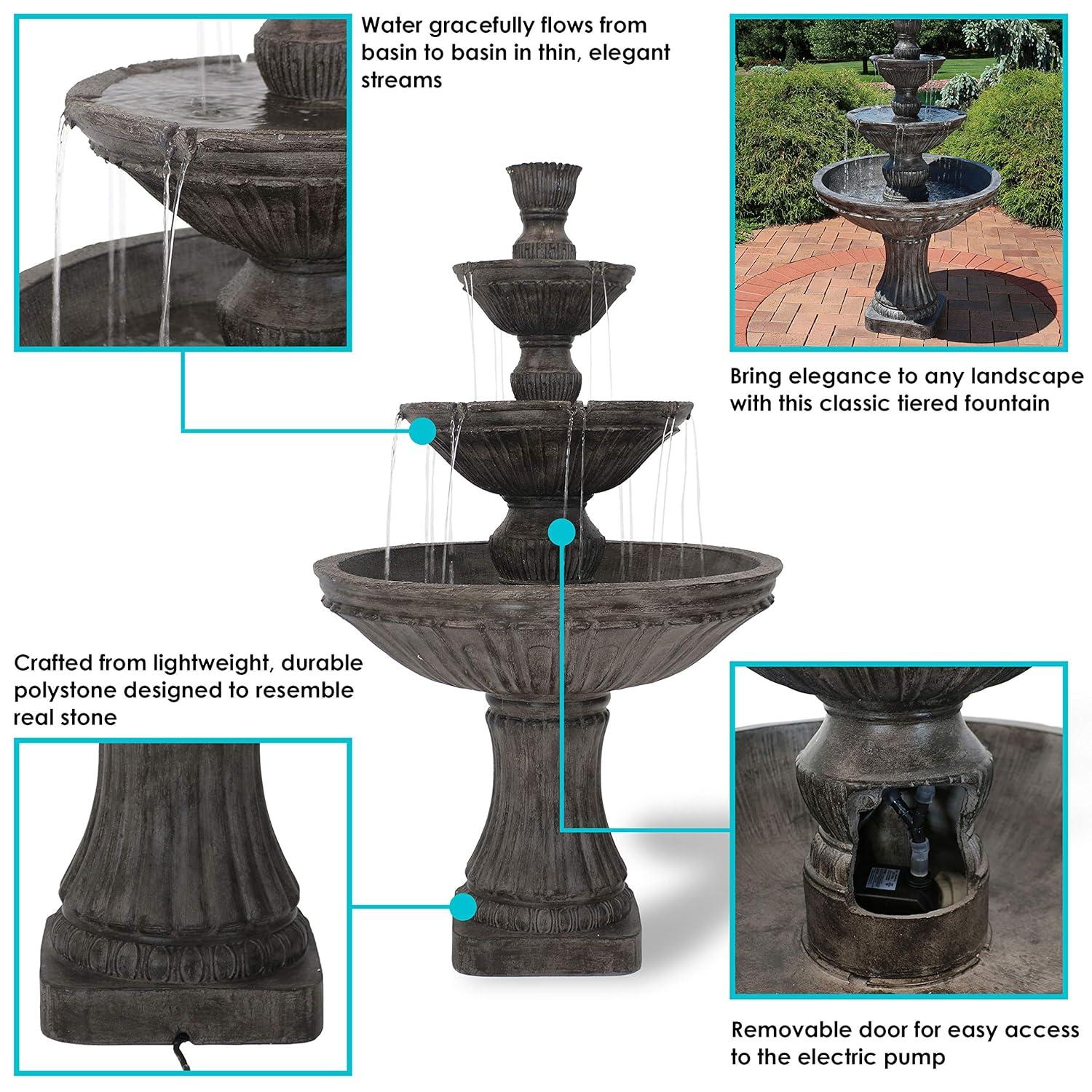Sunnydaze 55"H Electric Polystone Classic Style 3-Tier Designer Outdoor Water Fountain, White Finish