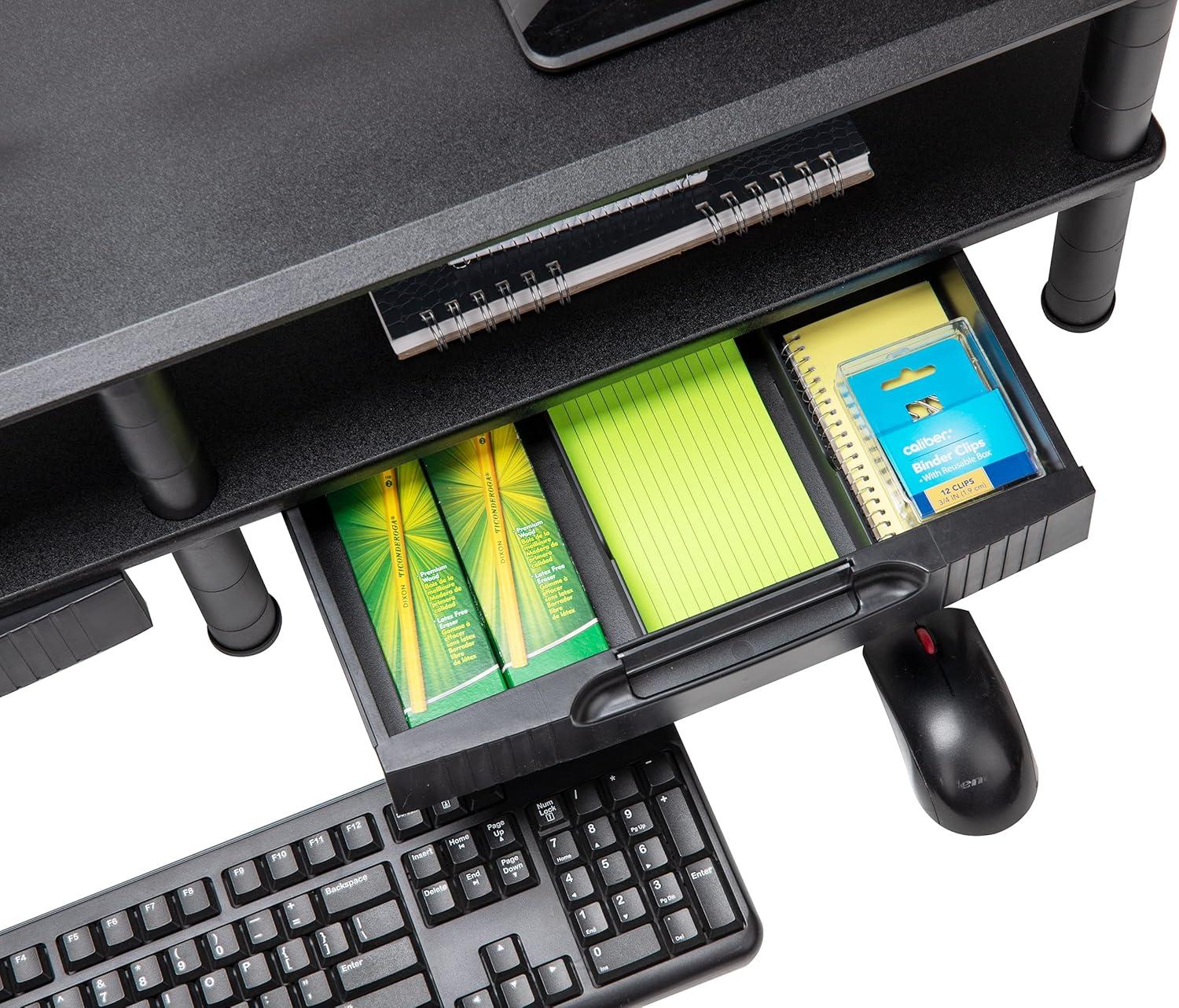 Black Dual Monitor Stand with Storage Shelves and Drawers