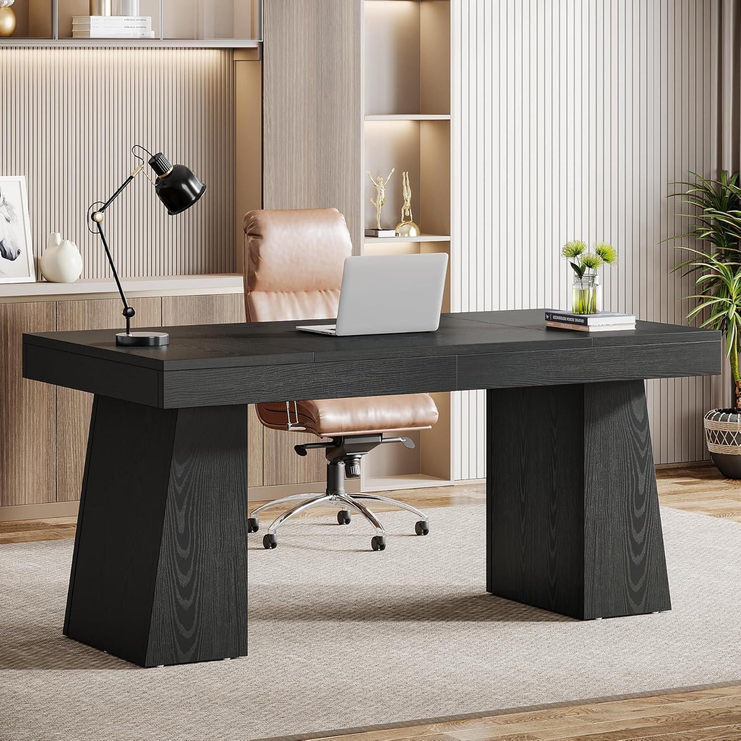 Moronia 55.1 in. Rectangle Black Wood Executive Desk with Double Trapezoid Base, Computer Desk Business Workstation Desk
