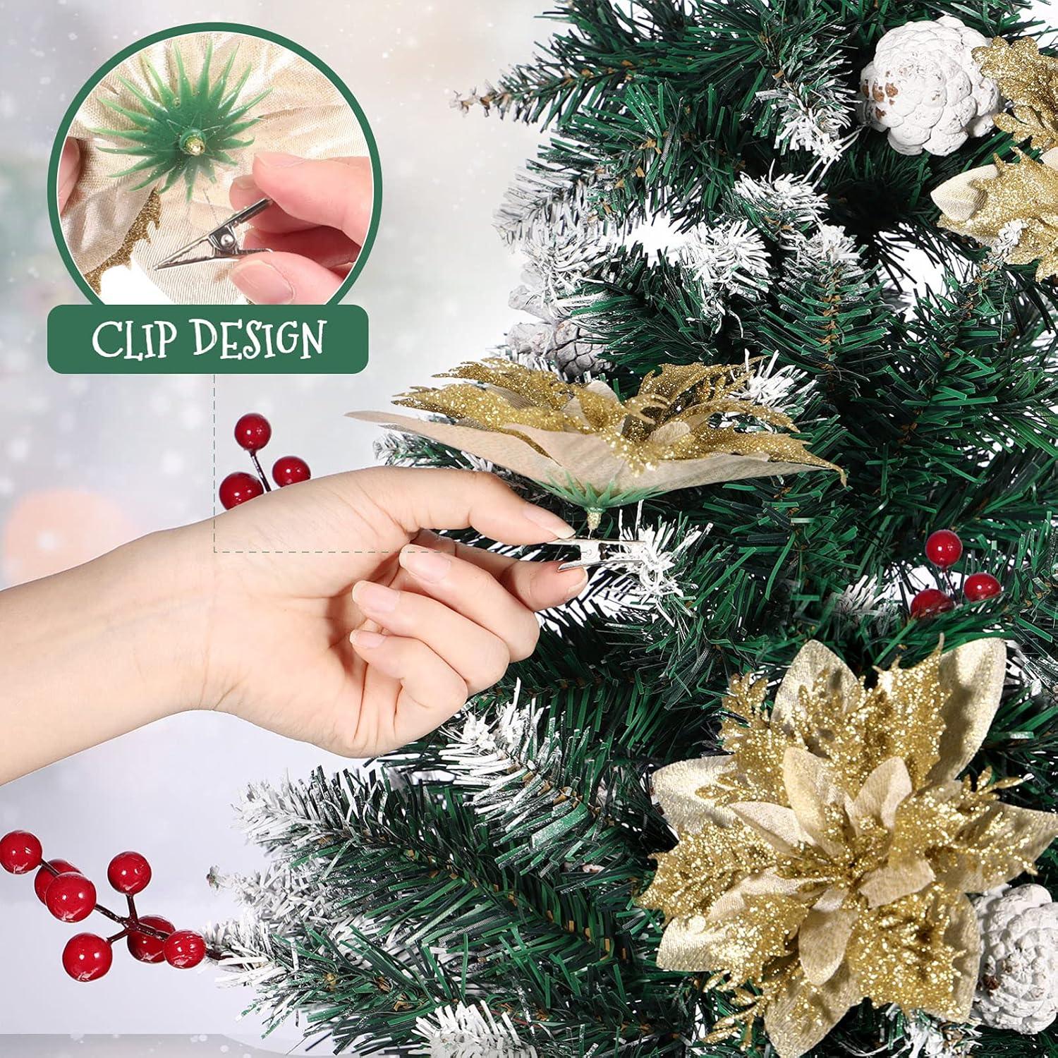 12PCS Poinsettia Flower Artificial Poinsettia Christmas Decoration 5'' Glitter Poinsettias Christmas Ornaments Christmas Tree Flower Decor with Clips DIY Xmas Wreath Holiday Home Party Decor