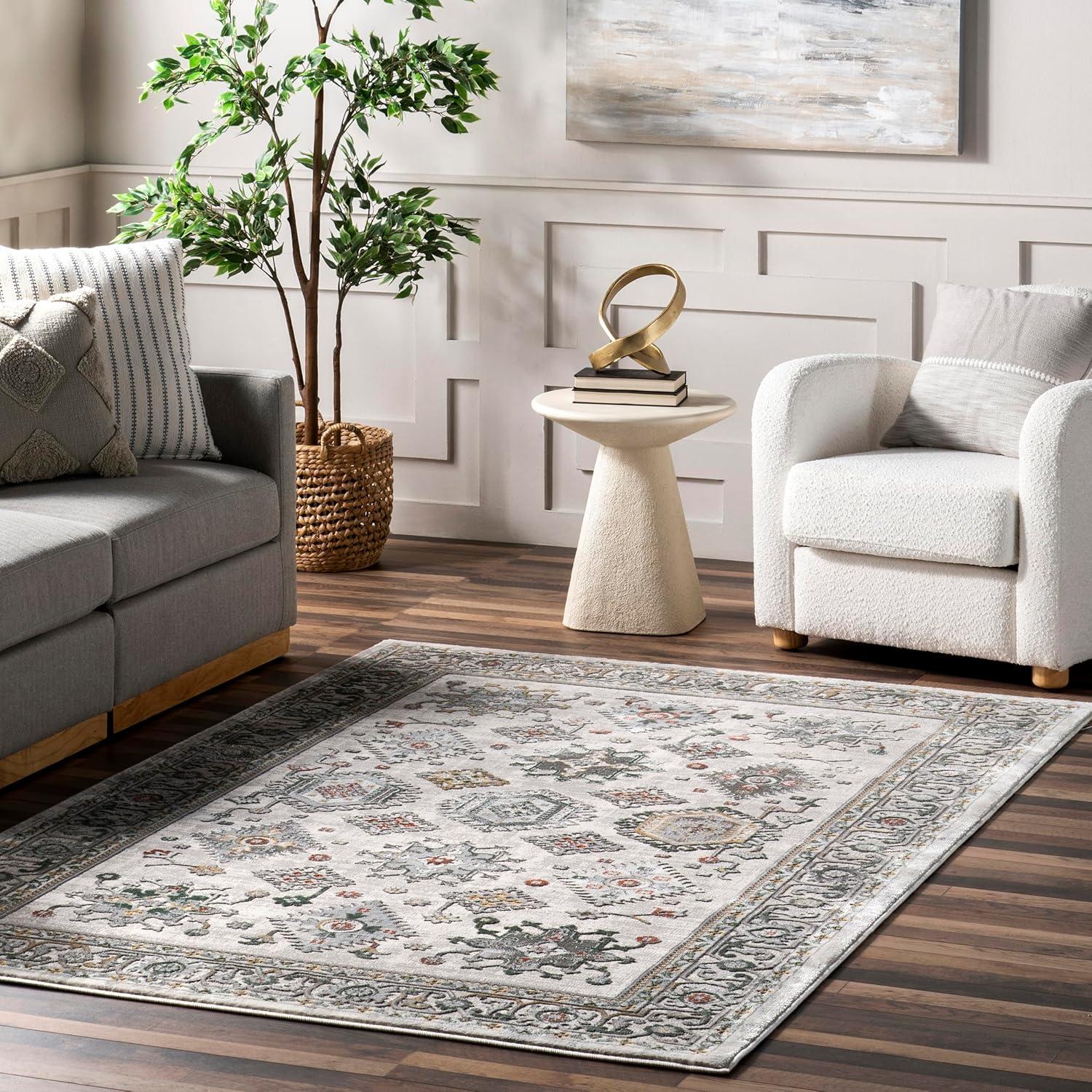 Beige Traditional Bordered 3x5 Chenille Area Rug