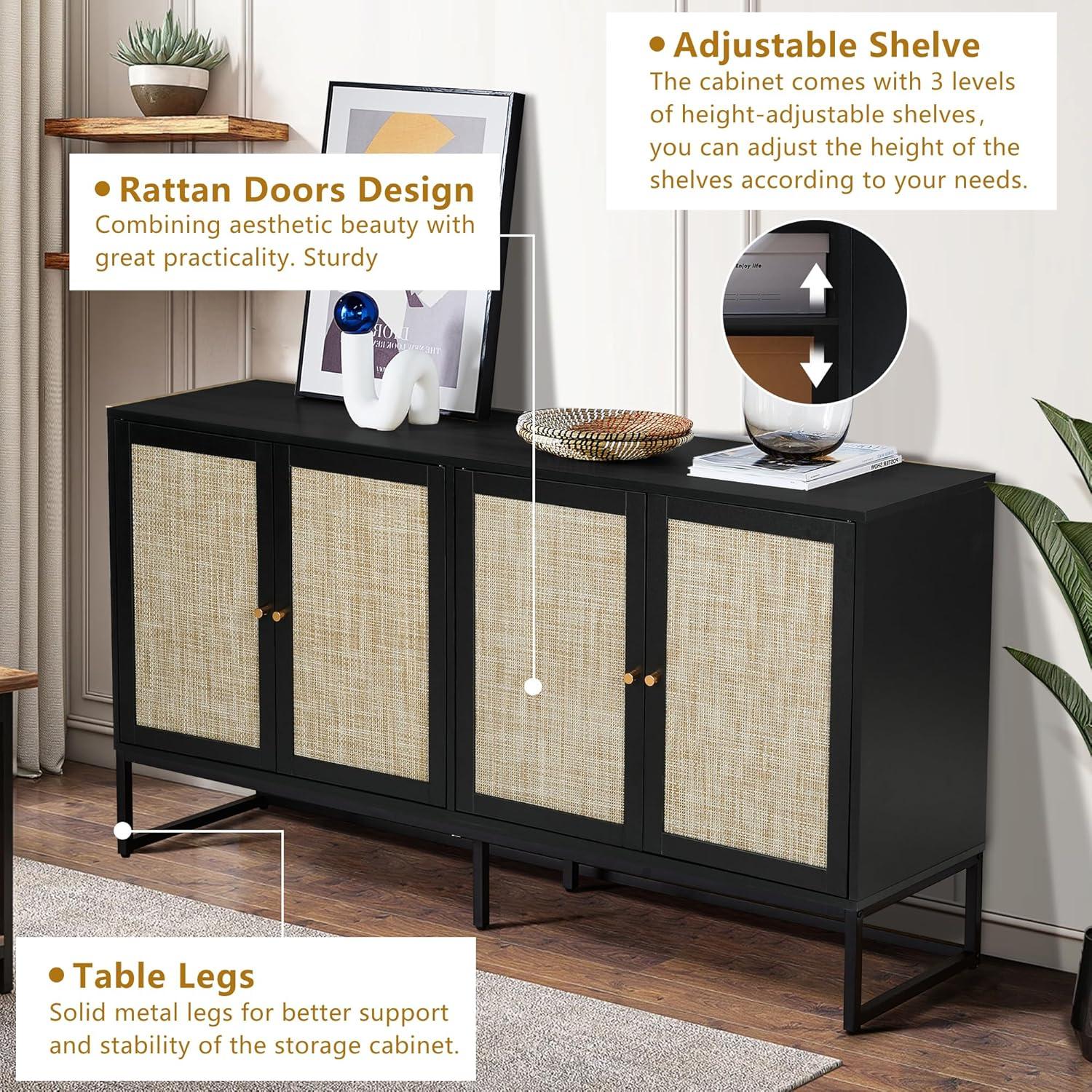 PORKISS Rattan Buffet Sideboard, Credenza Storage Cabinet with 4 Doors and Adjustable Shelve, Accent Cabinet for Dining Room, Kitchen, Living Room, Black