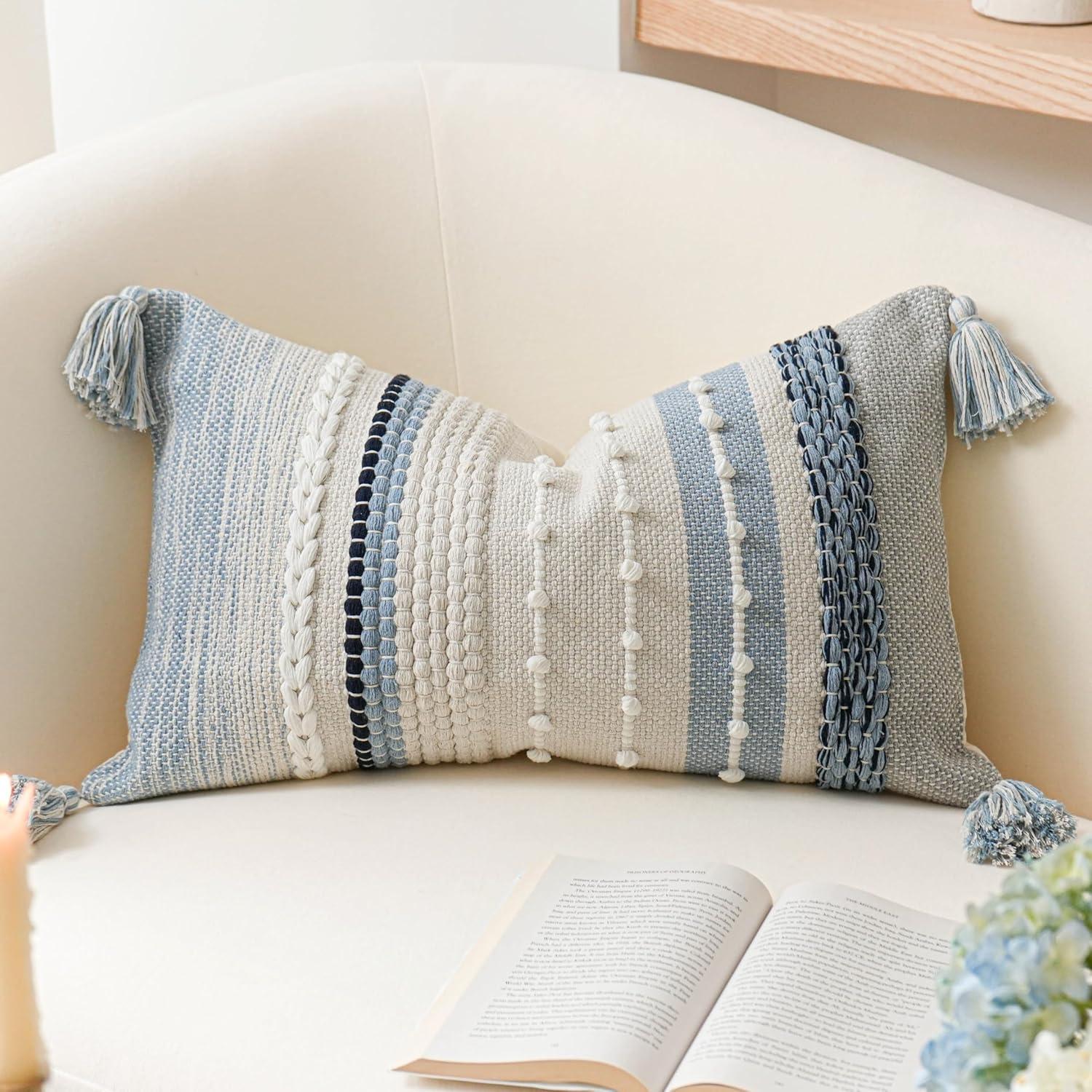 Decorative Lumbar Throw Pillow Cover 14x24 Boho Coastal Blue Accent Cushion for Couch Sofa Farmhouse Pillowcase for Bedroom Living Room Home Décor Cover ONLY