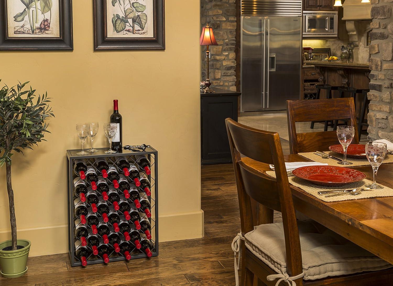 Black Steel 32-Bottle Wine Rack with Glass Top Shelf