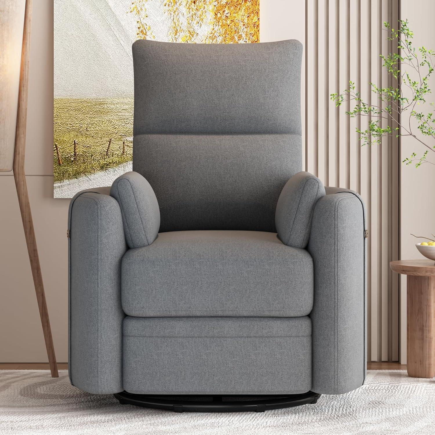 Swivel Rocker Glider Nursery, Manual Recliner Chair Single Sofa Chair for Adults, Linen Fabric Rocker Chair with Removable Pillows for Living Room, Bedroom, Dark Grey