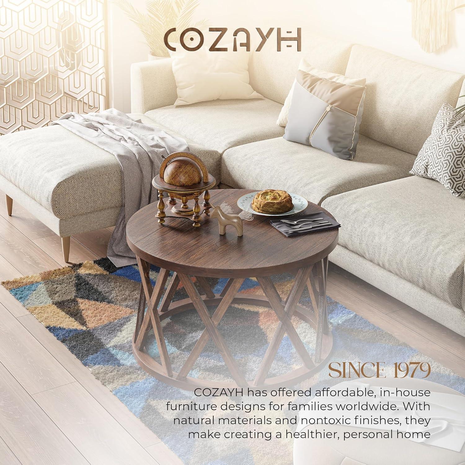 COZAYH Farmhouse Coffee Table, Rustic Round Coffee Table with X-Motifs Legs, Wood Textured Top, for Boho, French Country Decor, Brown