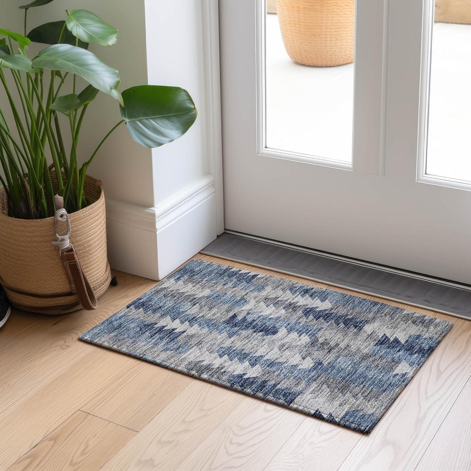 Blue and Gray Synthetic Flat Woven Washable Rug