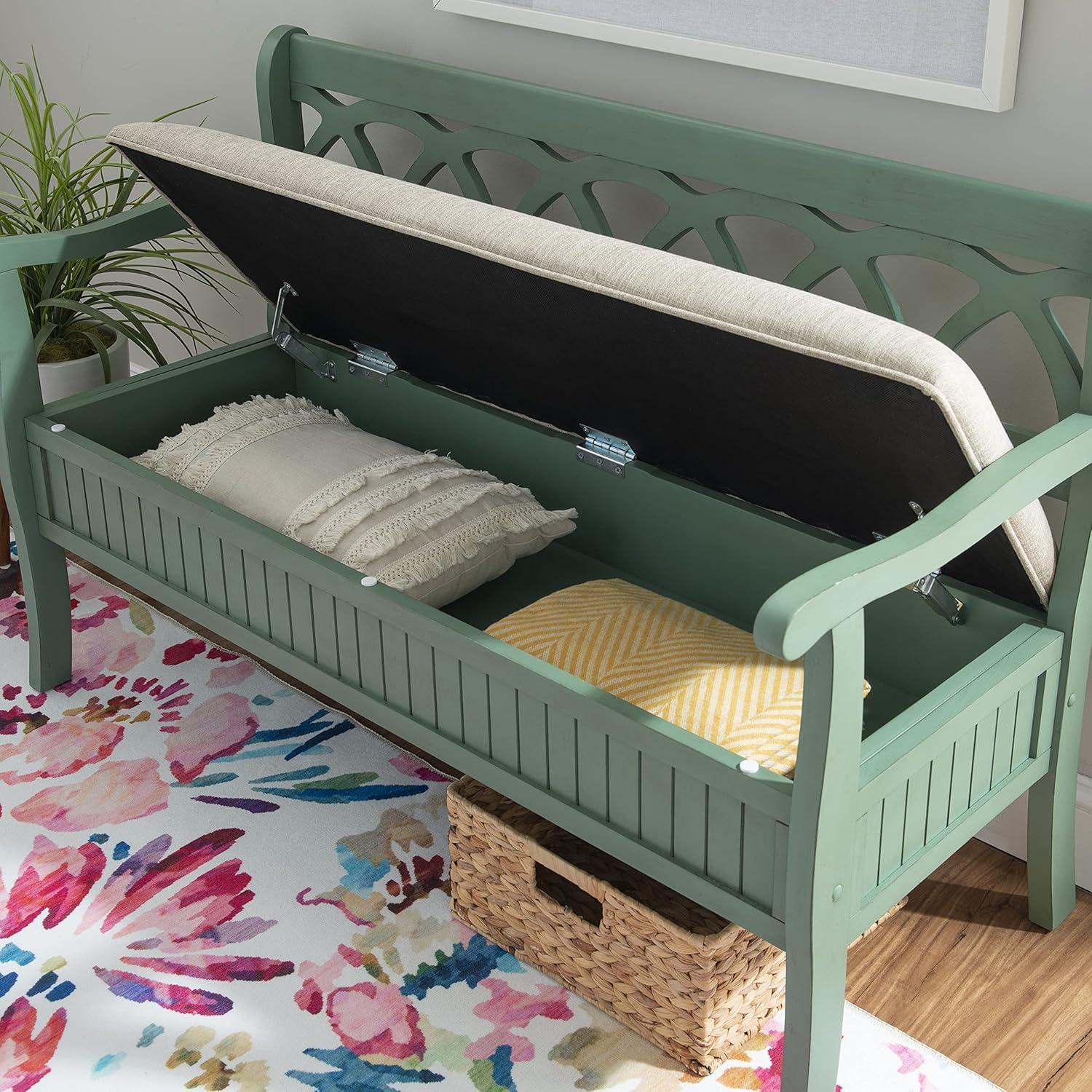 Powell Elliana Storage Bench, Teal Finish with Beige Fabric