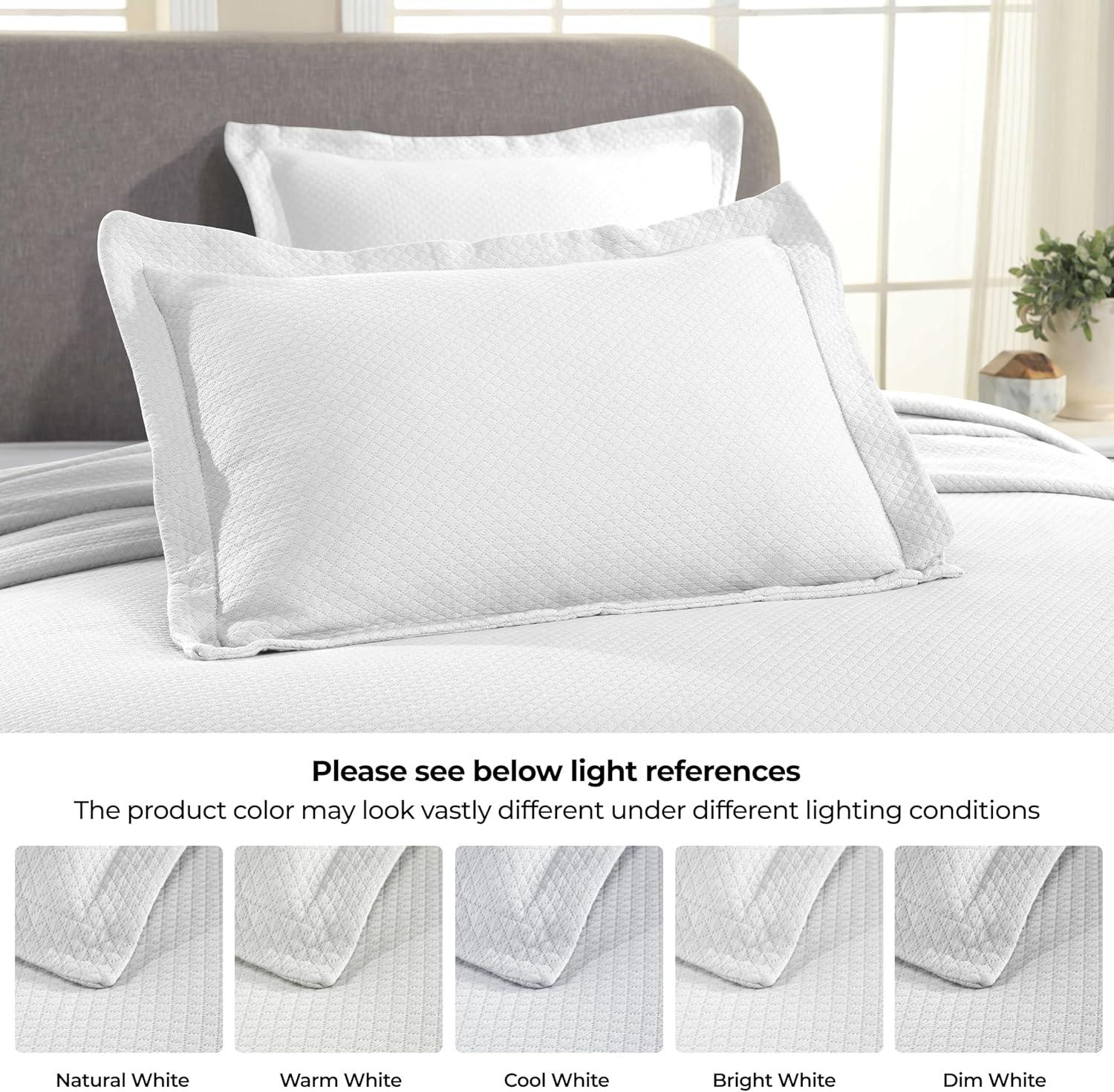 Superior Solitaire Cotton Decorative Bedspread and Sham Set, Queen, White