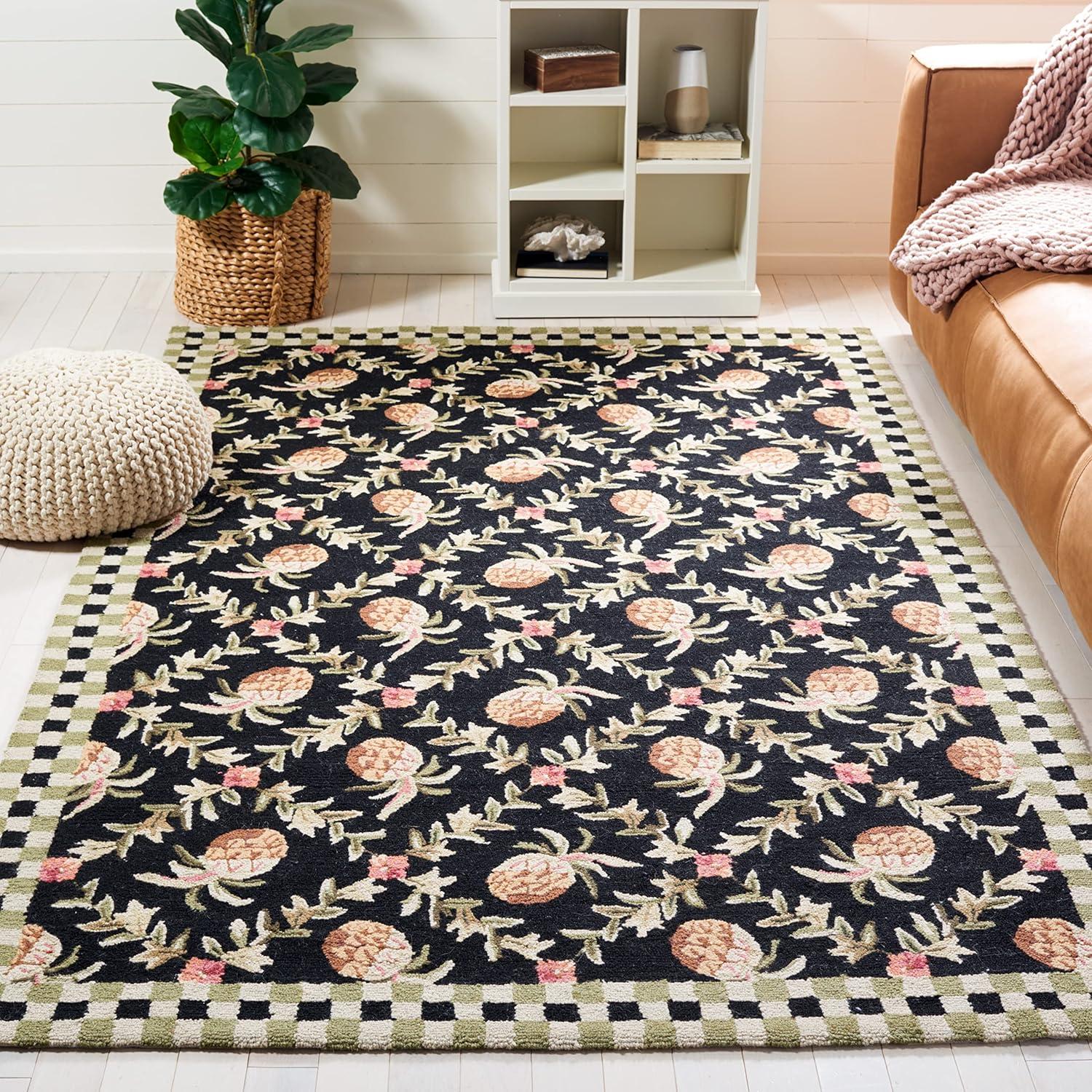 Handmade Ivory and Black Floral Wool Round Area Rug