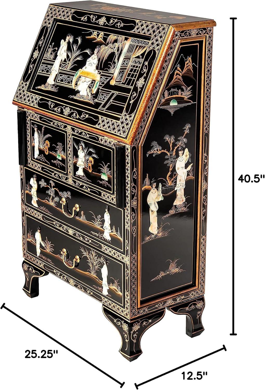 Oriental Furniture Black Lacquer Secretary Desk - Royal Ladies